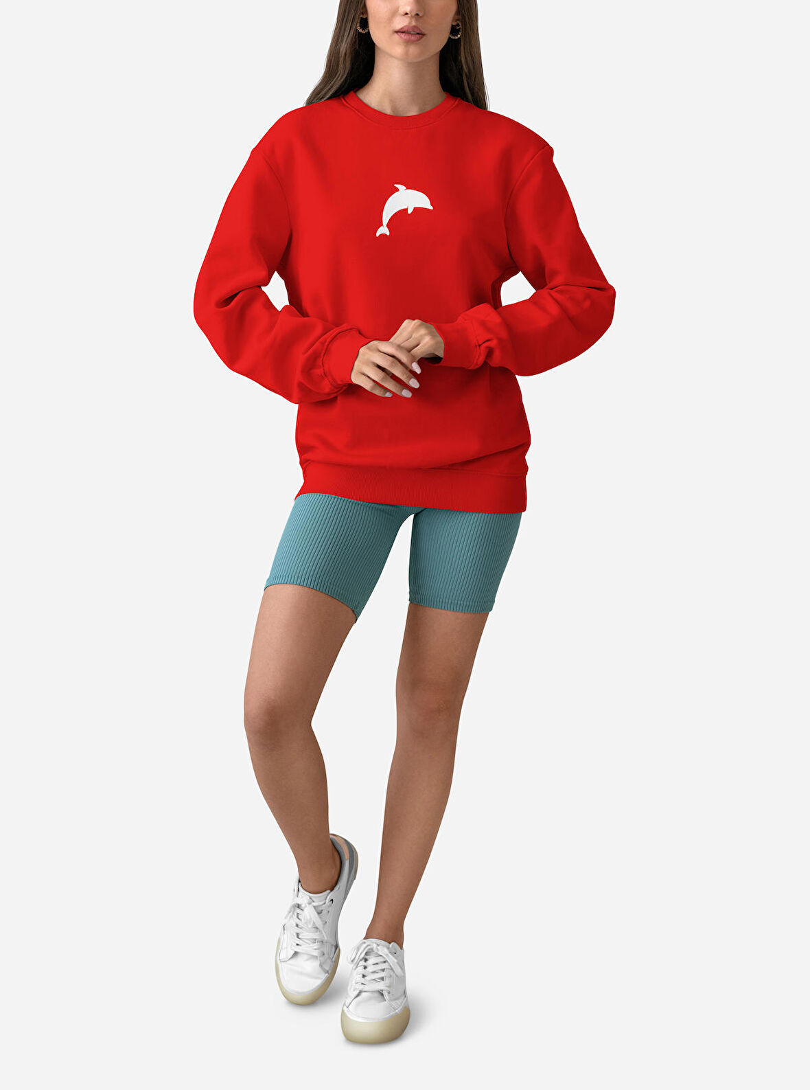 PROSPETTIVA KADIN KIRMIZI OVERSIZE KALIN İÇİ POLARLI YUNUS / DOLPHIN SYMBOL SWEATSHIRT