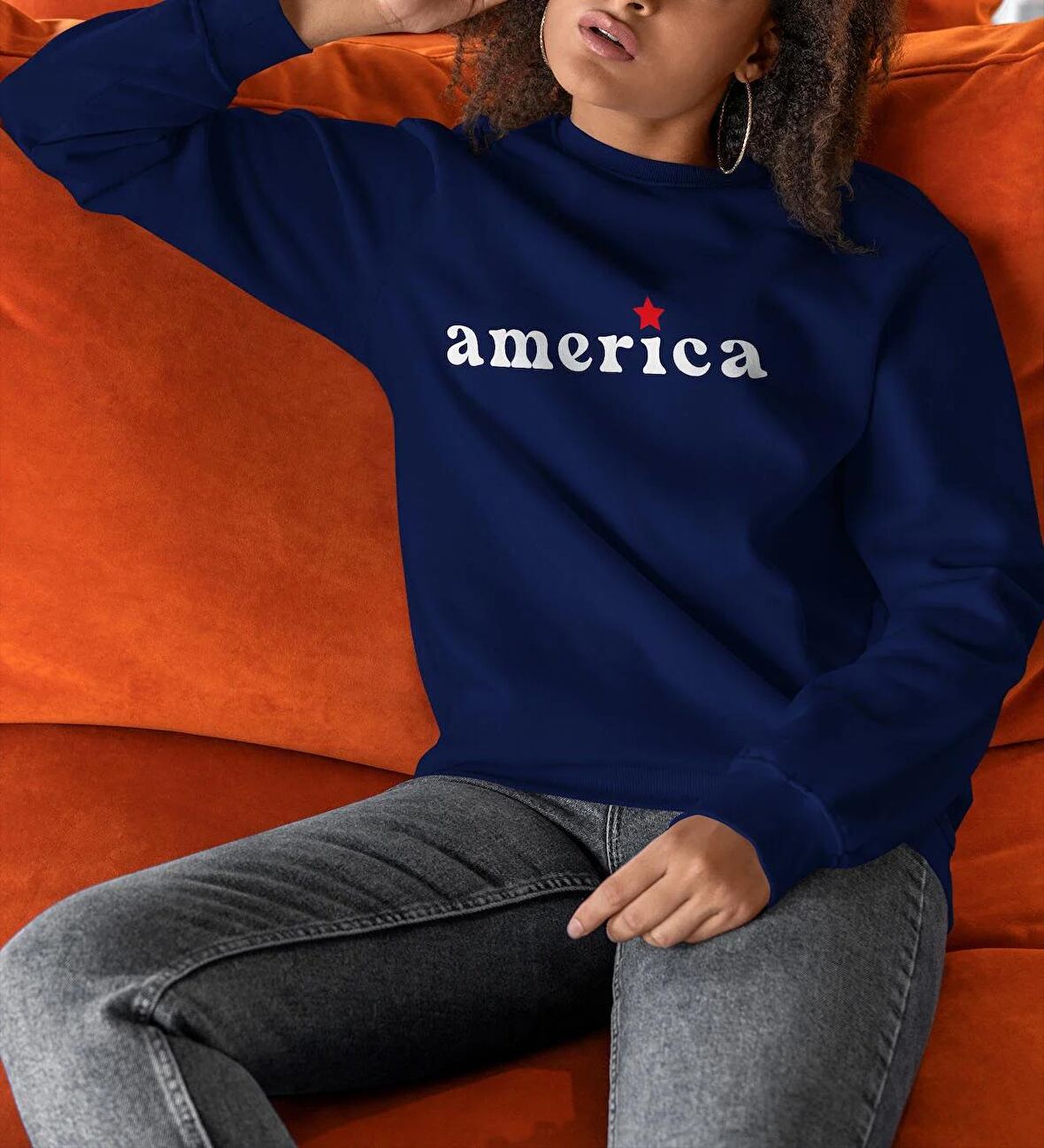 PROSPETTIVA KADIN LACİVERT OVERSIZE KALIN İÇİ POLARLI AMERICA SYMBOL SWEATSHIRT