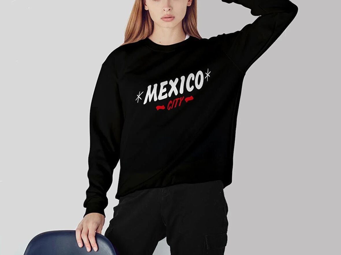 PROSPETTIVA KADIN SİYAH OVERSIZE KALIN İÇİ POLARLI MEXICO CITY SYMBOL SWEATSHIRT