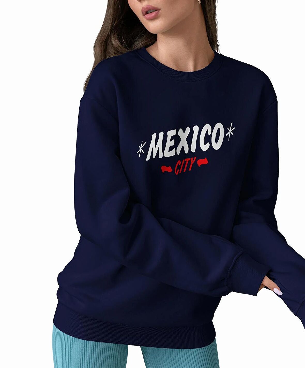 PROSPETTIVA KADIN LACİVERT OVERSIZE KALIN İÇİ POLARLI MEXICO CITY SYMBOL SWEATSHIRT