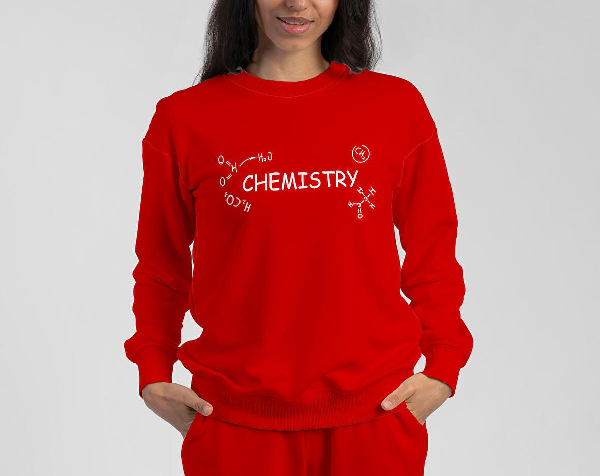 PROSPETTIVA KADIN KIRMIZI OVERSIZE KALIN İÇİ POLARLI CHEMISTRY / KİMYA SYMBOL SWEATSHIRT