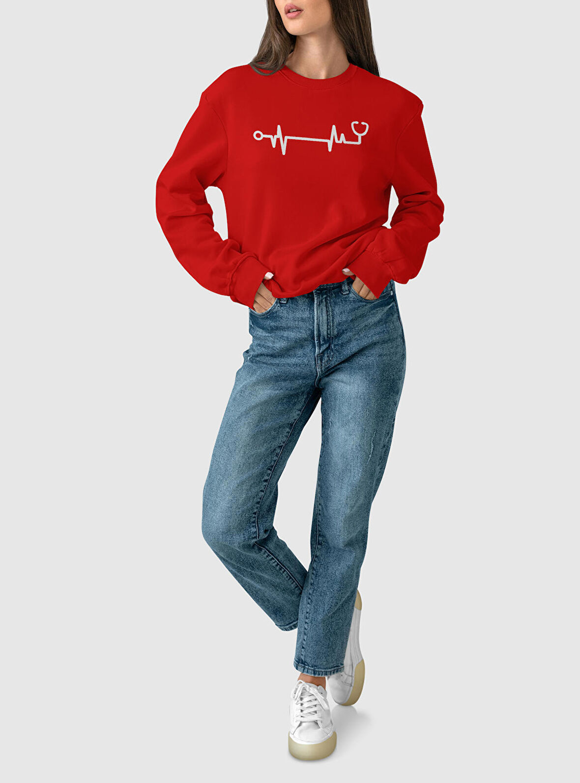 PROSPETTIVA KADIN KIRMIZI OVERSIZE KALIN İÇİ POLARLI HEALTH / STETESKOP SYMBOL SWEATSHIRT
