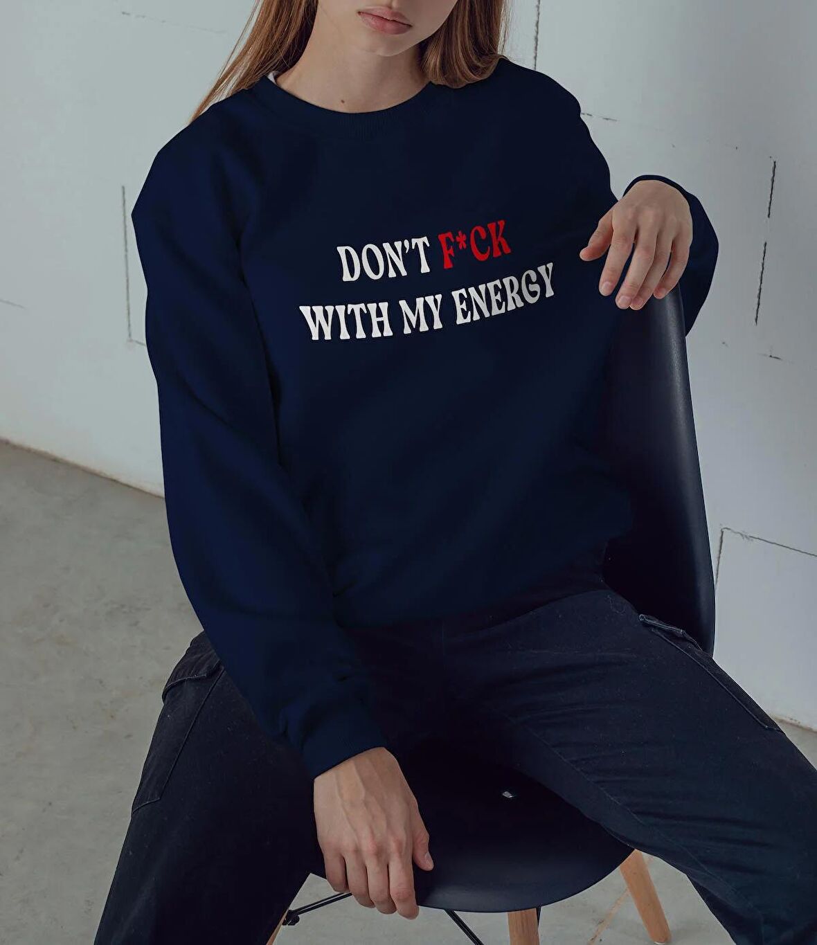 PROSPETTIVA KADIN LACİVERT OVERSIZE KALIN İÇİ POLARLI DON'T F*CK WITH MY ENERGY YAZILI SWEATSHIRT