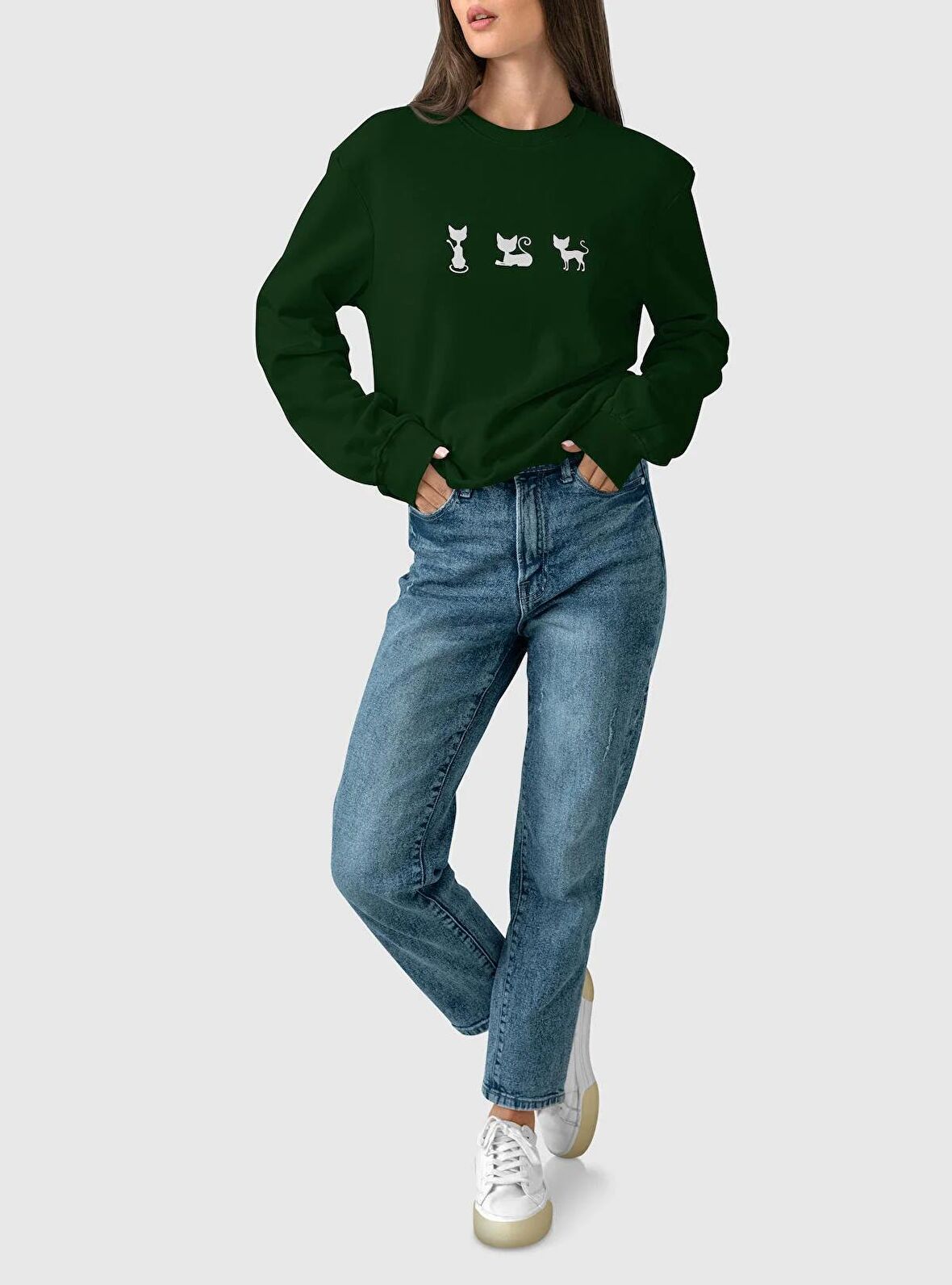 PROSPETTIVA KADIN YEŞİL OVERSIZE KALIN İÇİ POLARLI ÜÇLÜ KEDİ / THREE CAT SYMBOL SWEATSHIRT