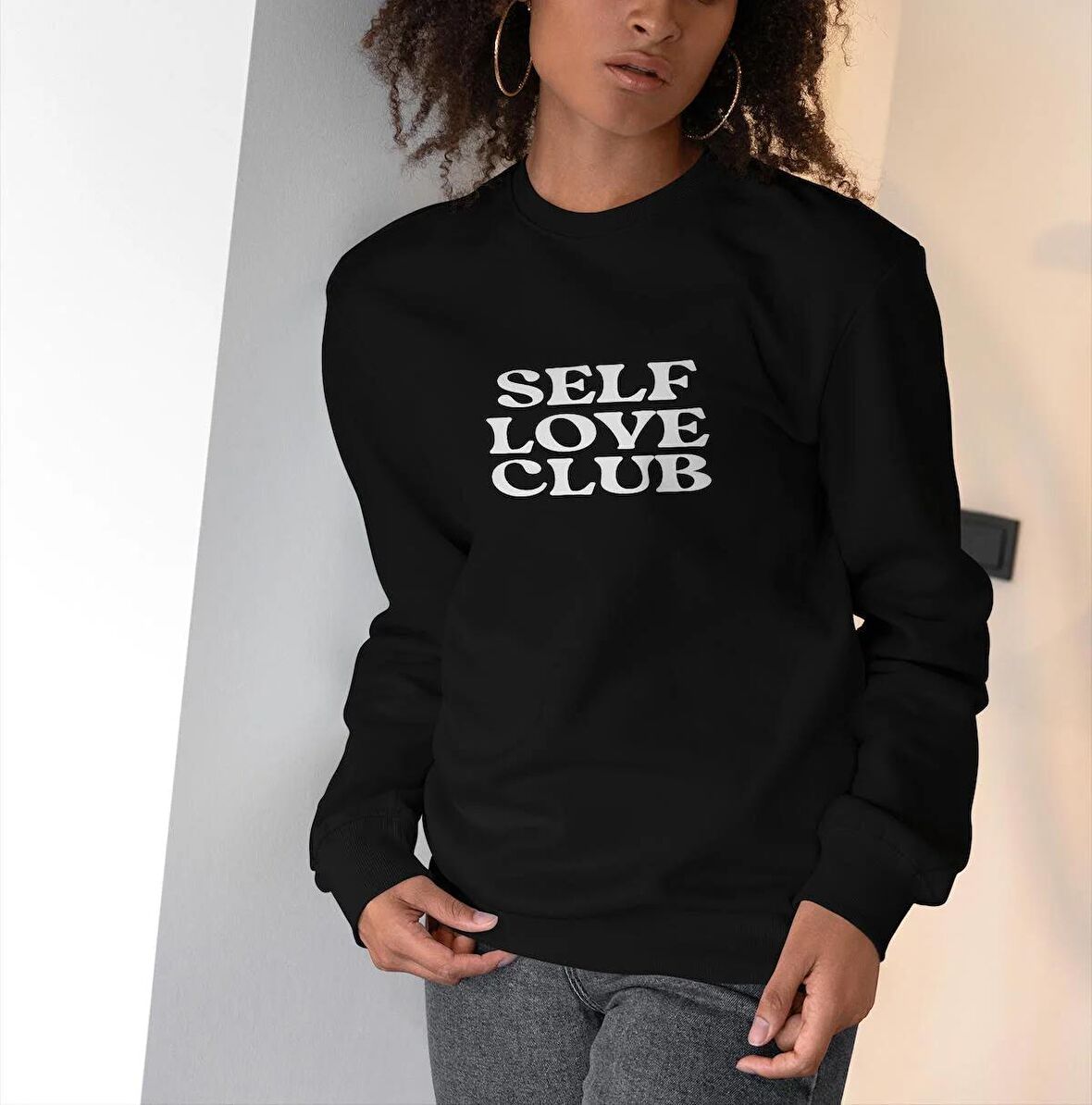 PROSPETTIVA KADIN SİYAH OVERSIZE KALIN İÇİ POLARLI SELF LOVE CLUB YAZILI SWEATSHIRT