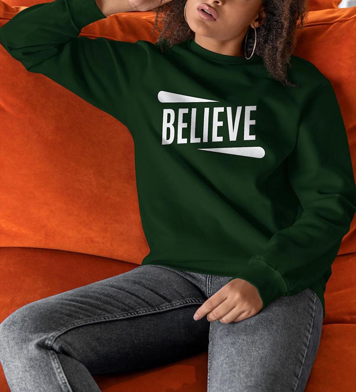 PROSPETTIVA KADIN YEŞİL OVERSIZE KALIN İÇİ POLARLI BELIEVE YAZILI SWEATSHIR