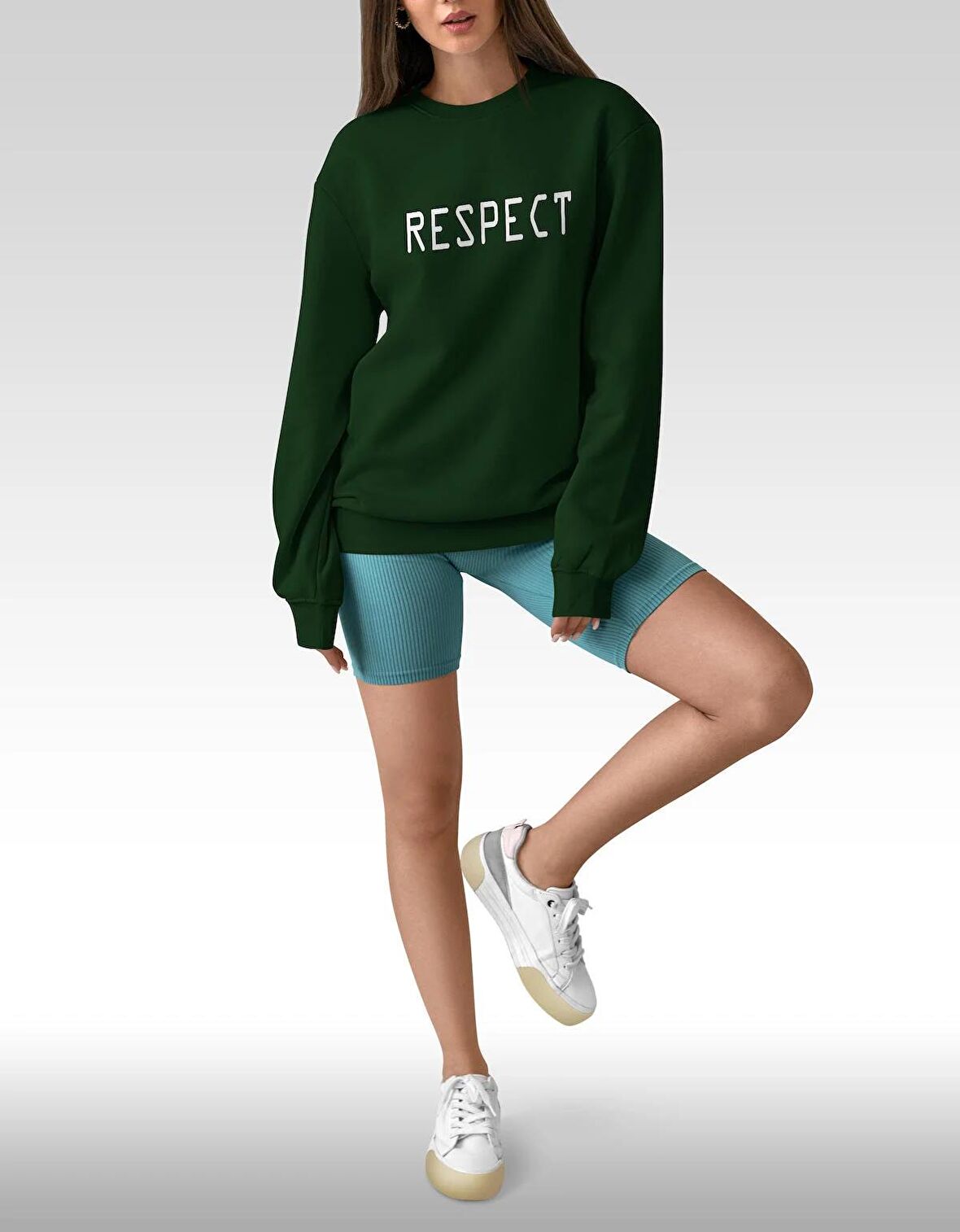 PROSPETTIVA KADIN YEŞİL OVERSIZE KALIN İÇİ POLARLI SAYGI / RESPECT YAZILI SWEATSHIRT