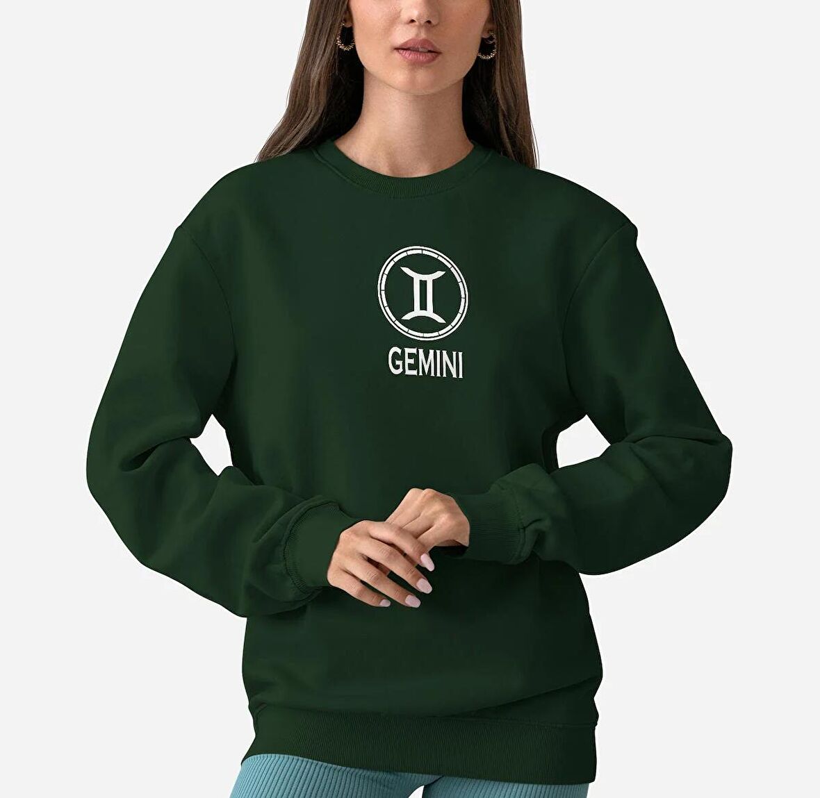 PROSPETTIVA KADIN YEŞİL OVERSIZE KALIN İÇİ POLARLI İKİZLER BURCU / GEMINI YAZILI SWEATSHIRT