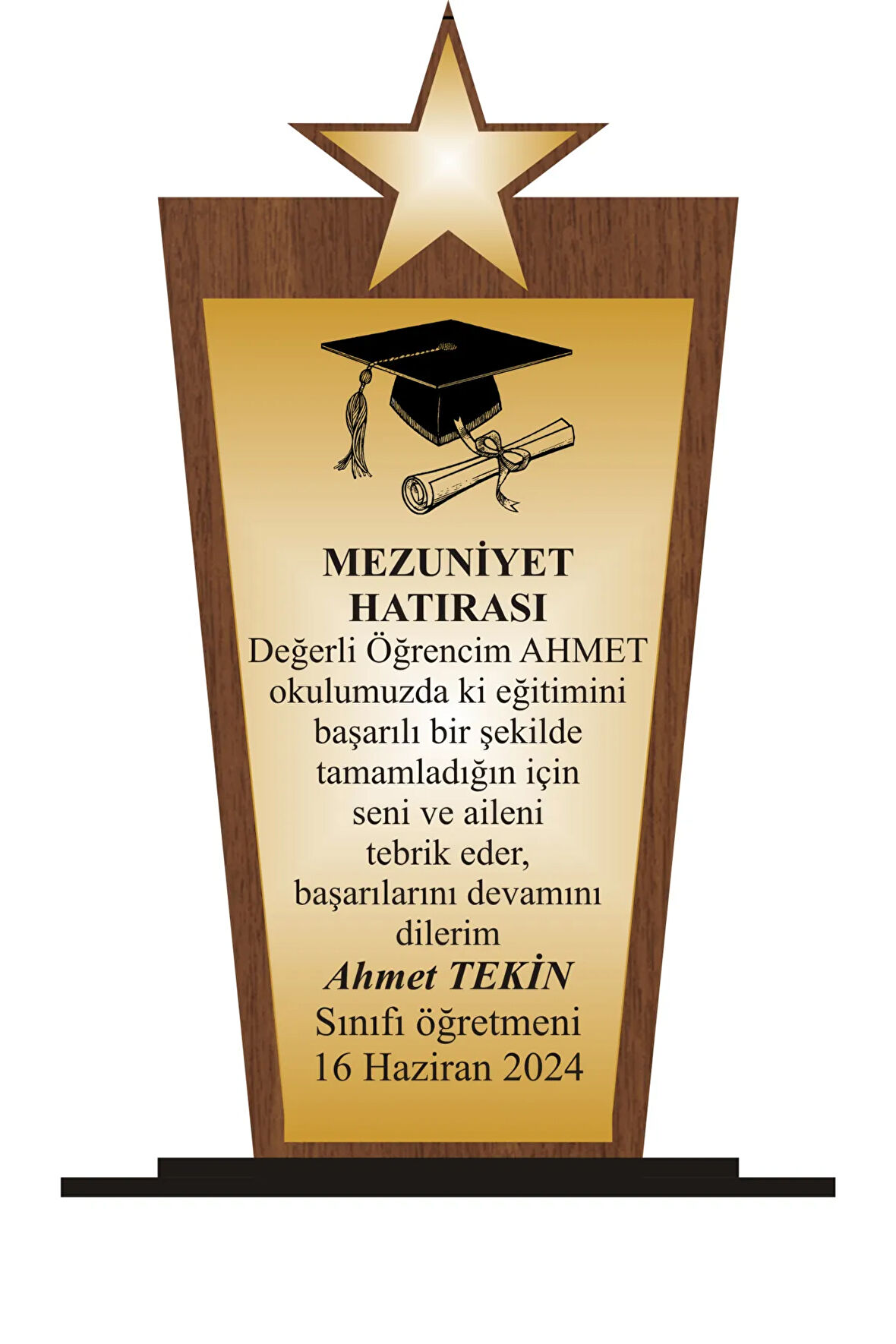 Öğrenci Mezuniyet Plaketi Ahşap Mdf Gold Levhaya Baskılı  ,Kişiye Özel İsim Baskısı Yapılabilir