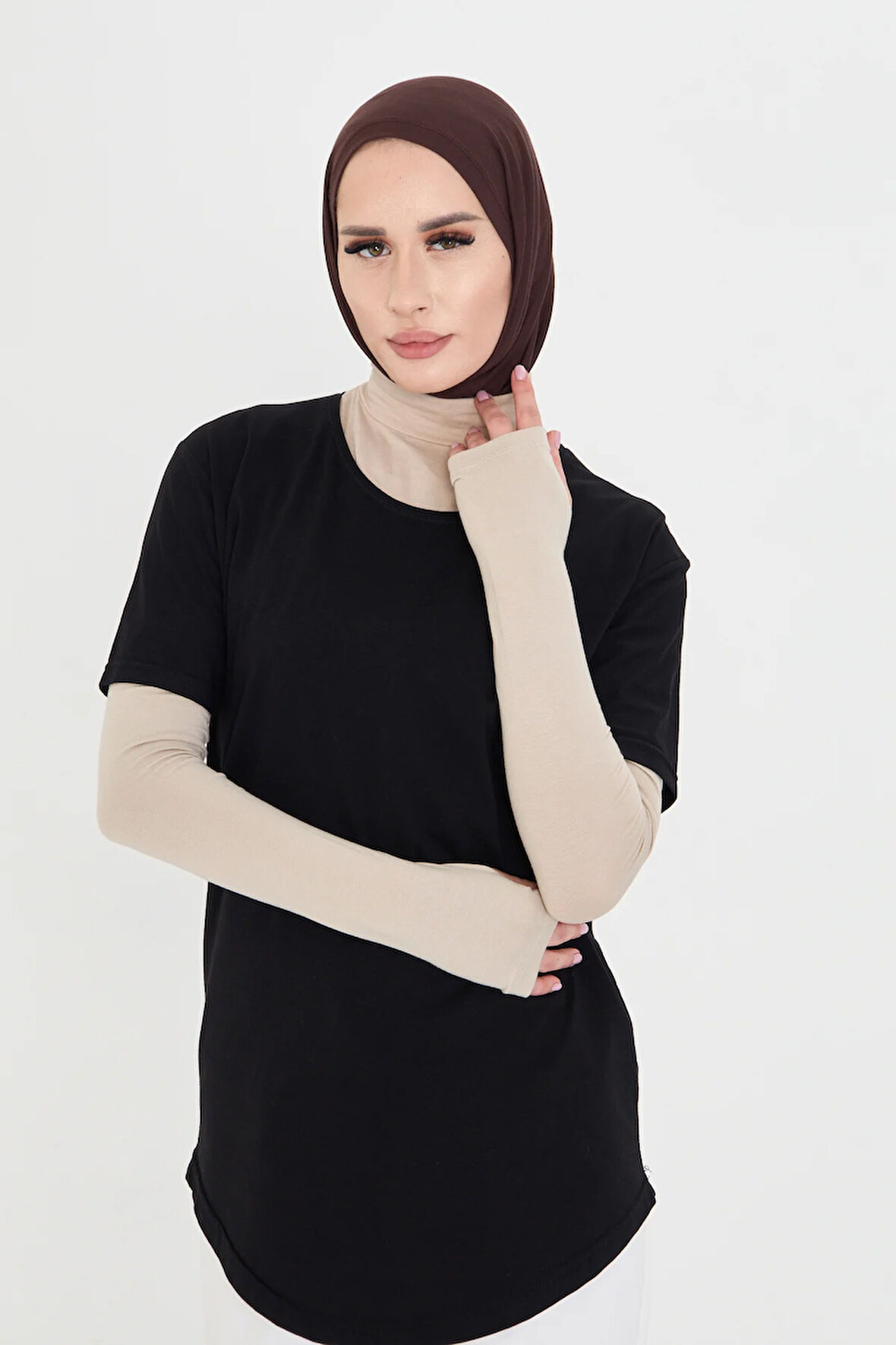 Bej Tesettür Parmak Geçmeli Kolluk Viskon Düz 1024_12