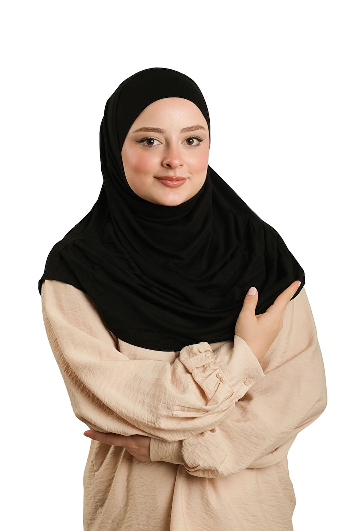 Siyah Pratik Hazır Geçmeli Tesettür Eşarp Viskon Boneli Büyük Boy 1290BV_01