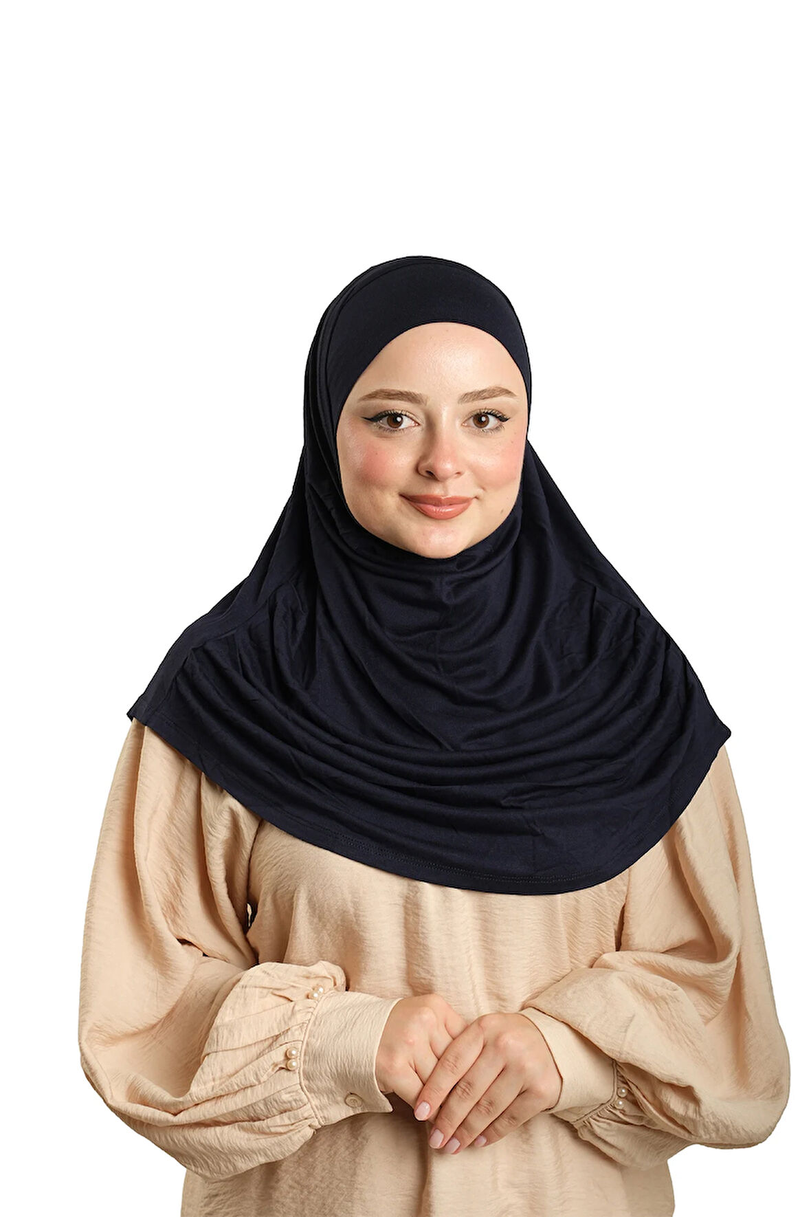 Lacivert Pratik Hazır Geçmeli Tesettür Eşarp Viskon Boneli Büyük Boy 1290BV_02