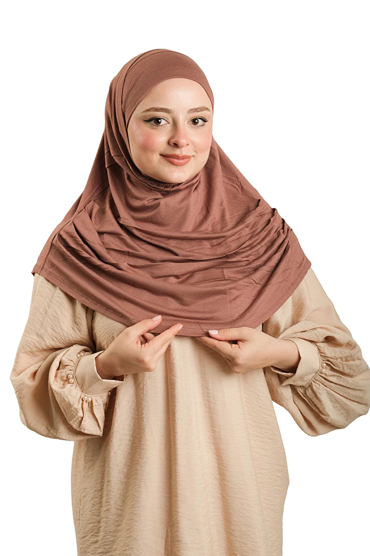 Haki Pratik Hazır Geçmeli Tesettür Eşarp Viskon Boneli Büyük Boy 1290BV_09