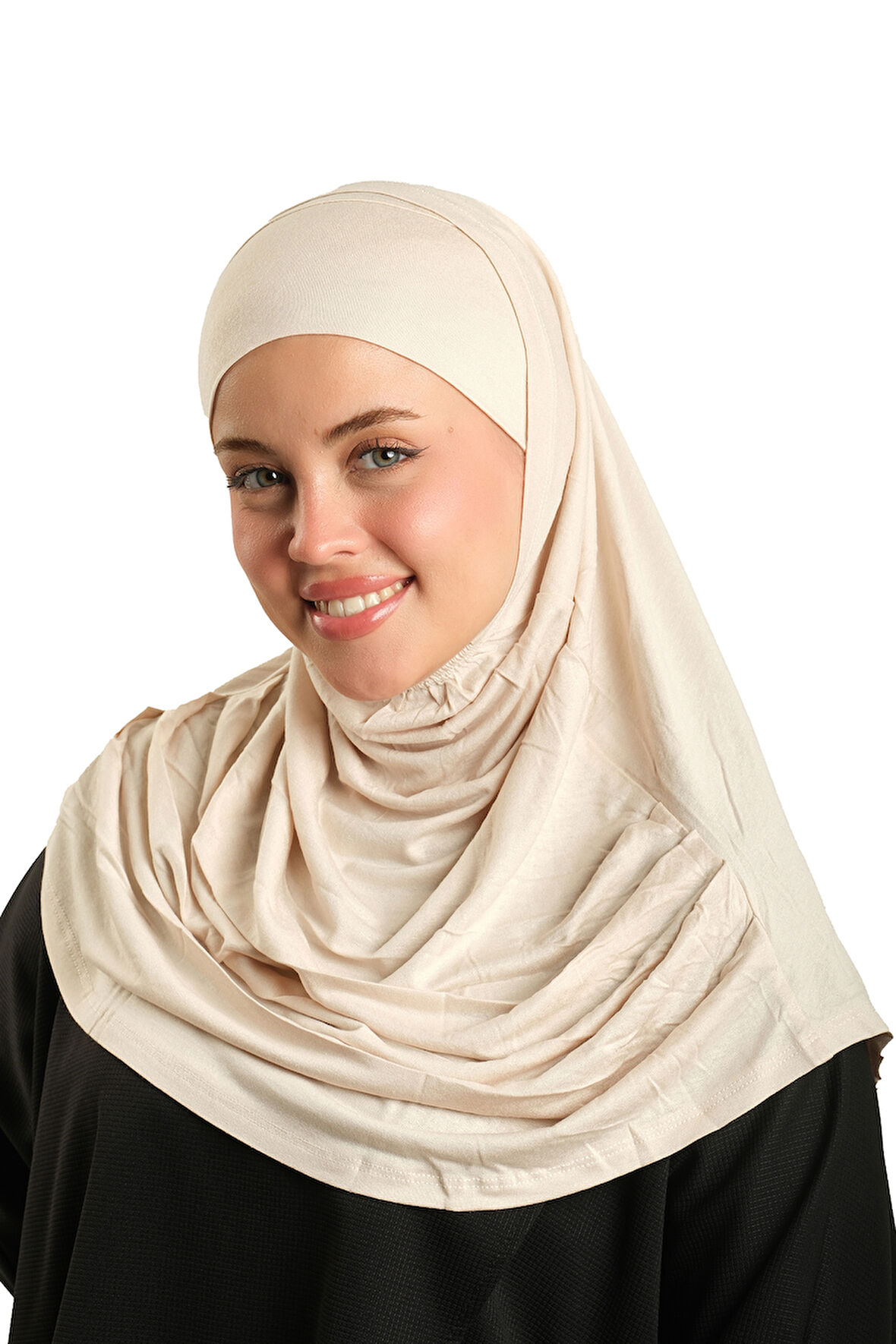 Bej Pratik Hazır Geçmeli Tesettür Eşarp Viskon Boneli Büyük Boy 1290BV_12