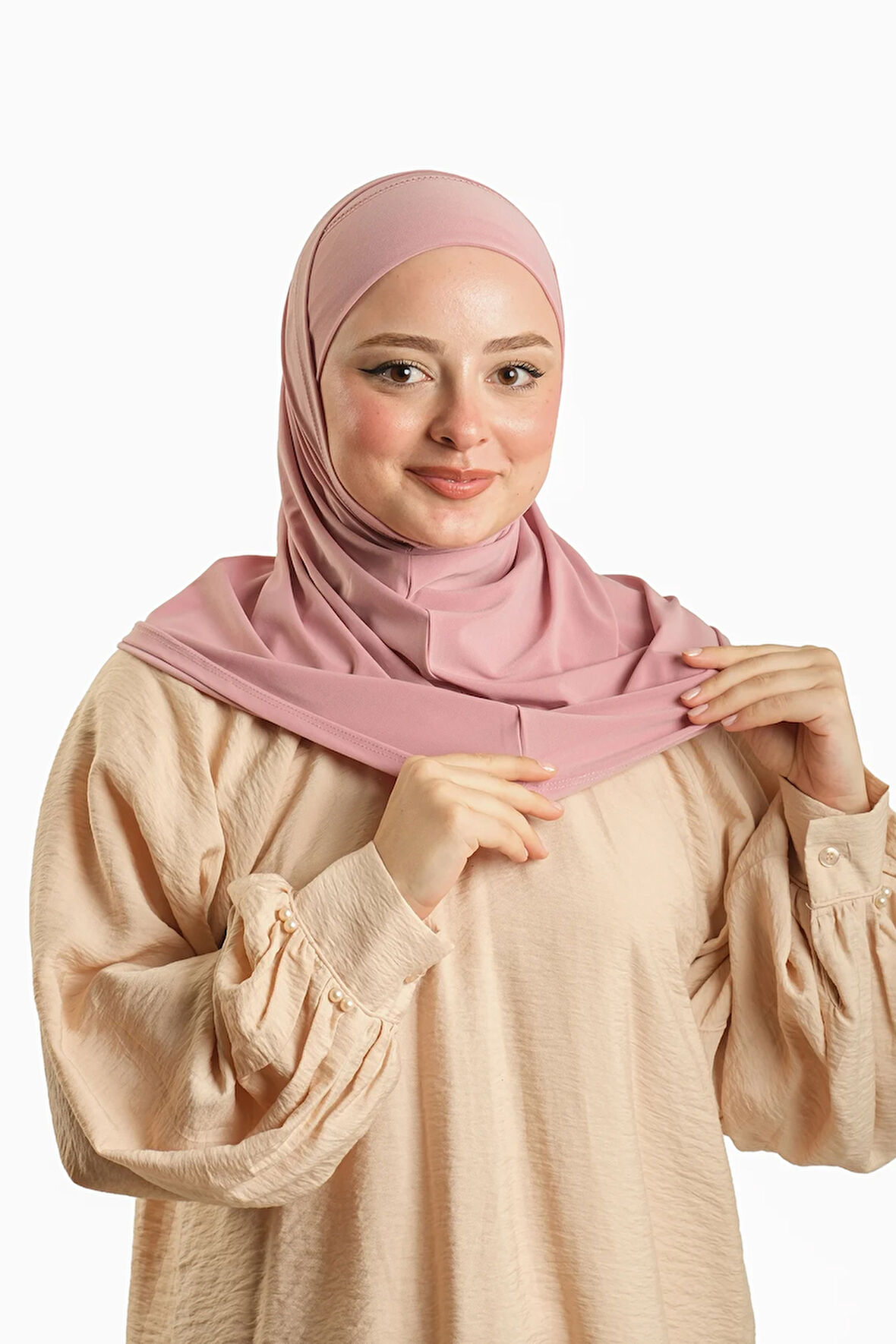 Pudra Pratik Hazır Geçmeli Boru Boneli İkili Tesettür Eşarp Sandy Düz 2501_06