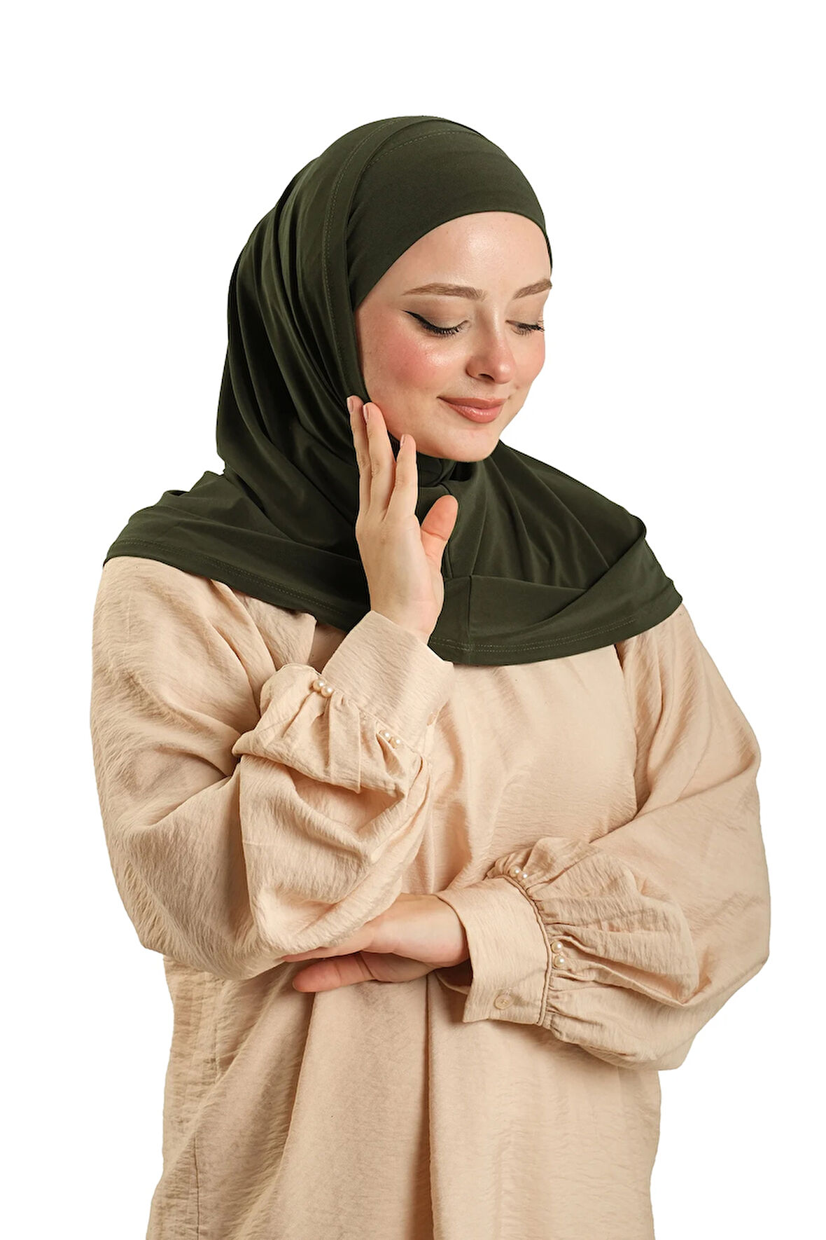 Haki Pratik Hazır Geçmeli Boru Boneli İkili Tesettür Eşarp Sandy Düz 2501_09