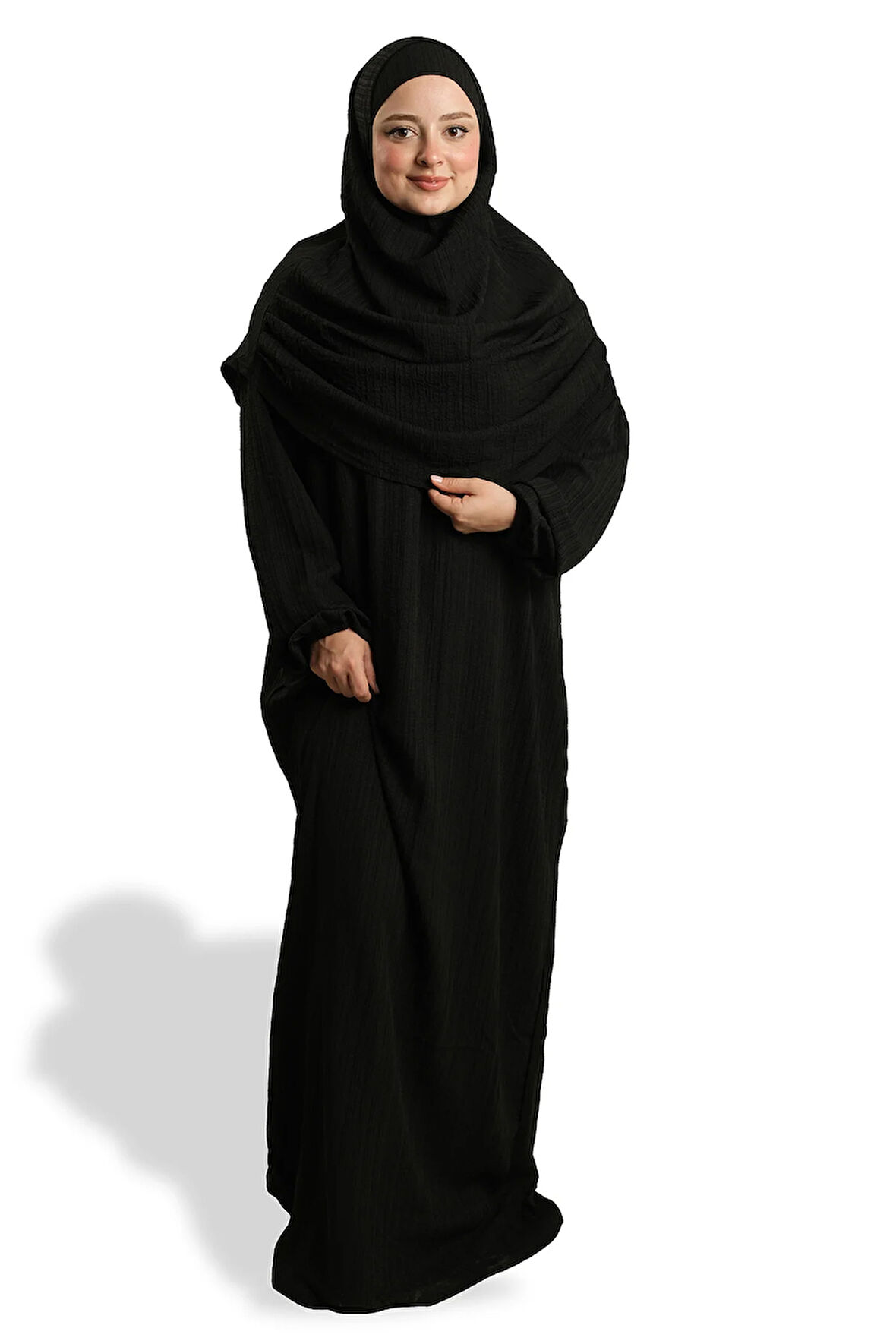 Siyah İki Parça Namaz Elbisesi Dokuma Kendinden Desenli 2502_01