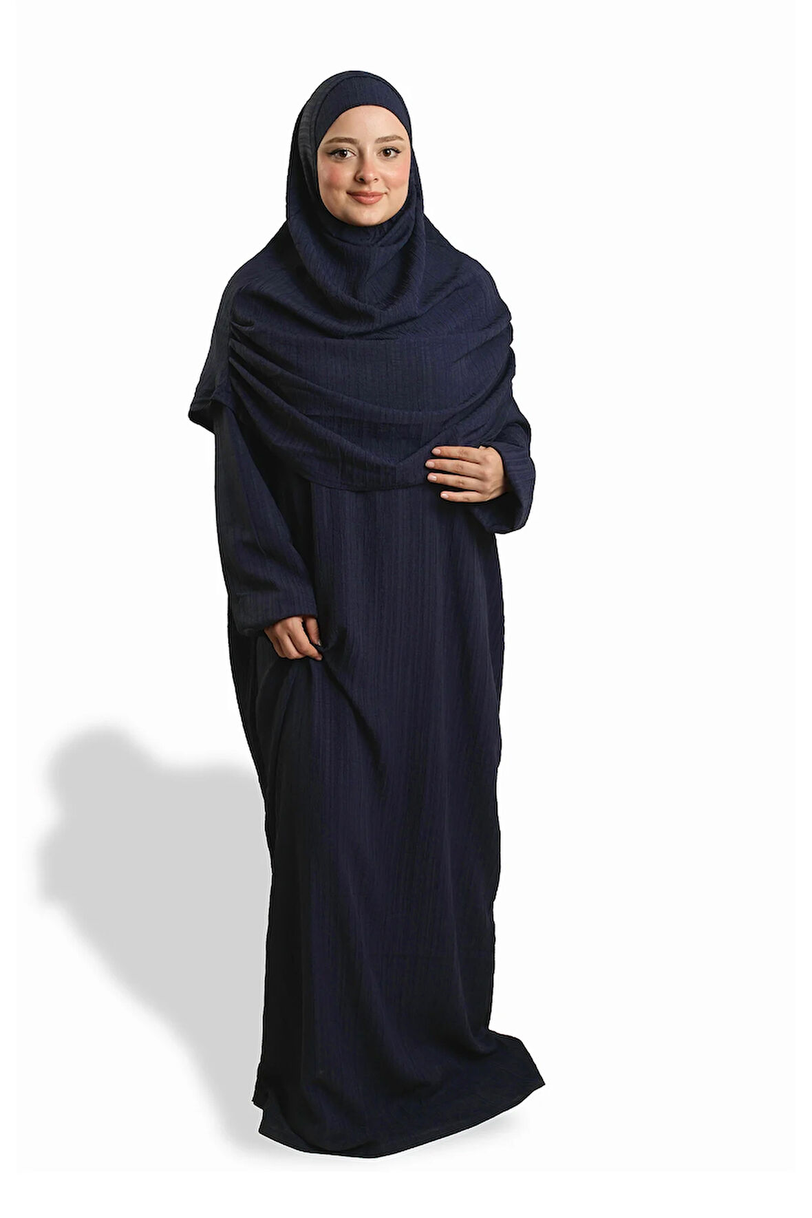 Lacivert İki Parça Namaz Elbisesi Dokuma Kendinden Desenli 2502_02