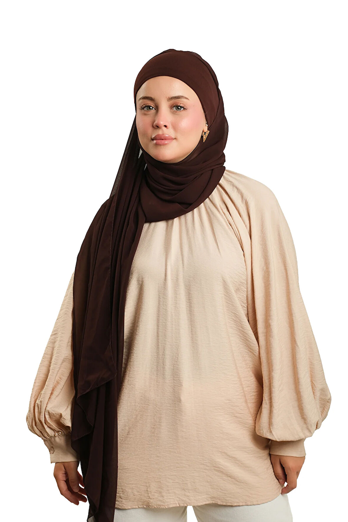 Kahve Pratik Hazır Geçmeli Bone Şal Şifon Düz 2506_14