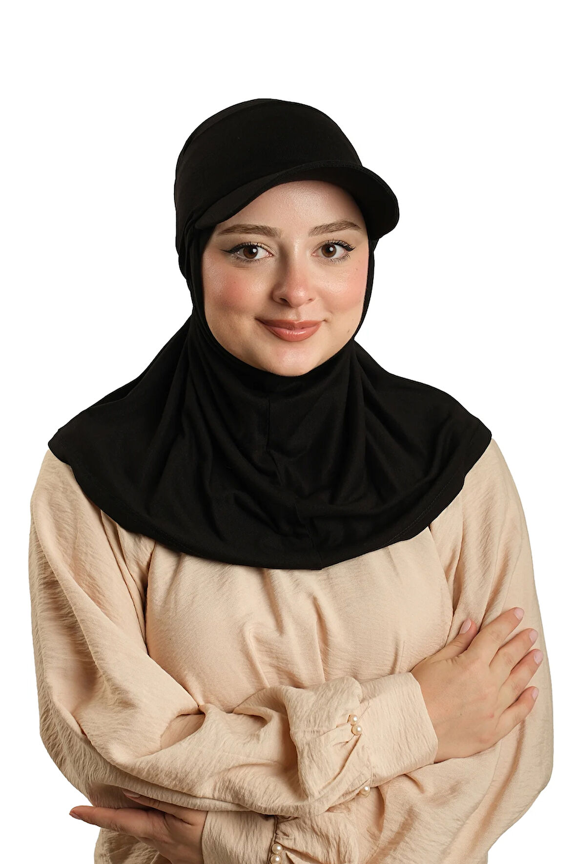 Siyah Pratik Hazır Geçmeli Şapkalı Tesettür Eşarp Viskon Düz 2513_01