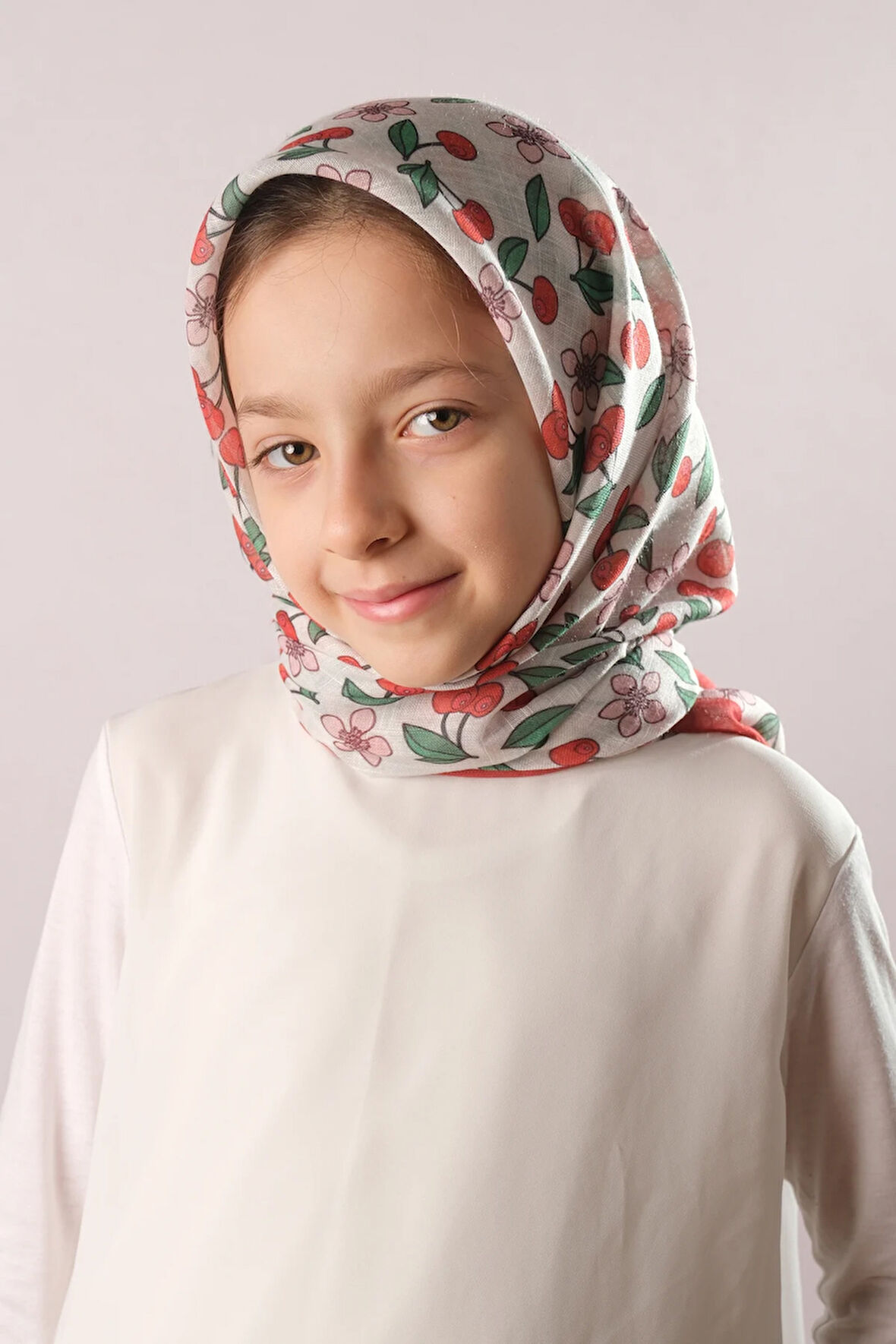 Kiremit Dijital Baskılı Çocuk Tesettür Eşarp Pamuk Polyester Vişne Desenli 6001_05
