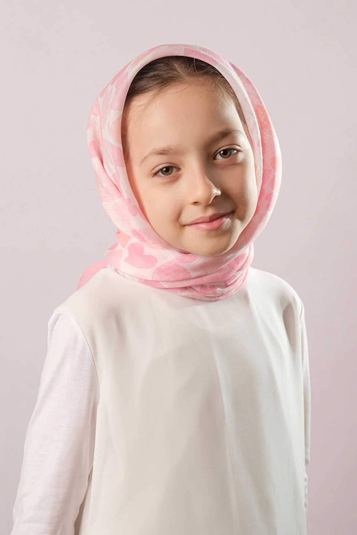 Pudra Dijital Baskılı Çocuk Tesettür Eşarp Pamuk Polyester Kalp Desenli 6003_06