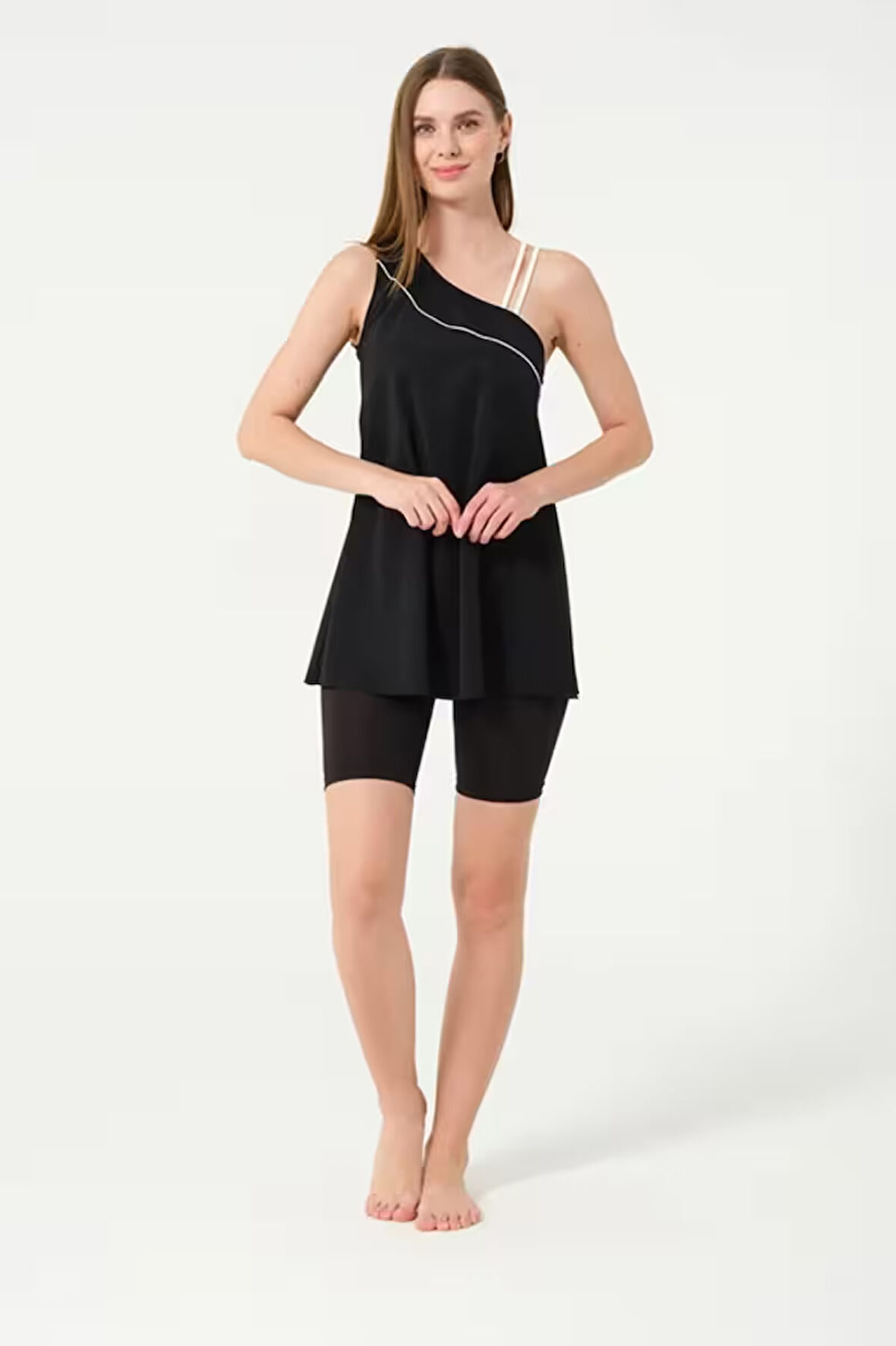 Tesmay 24158 Siyah Tek Omuz İki İpli Lycralı Yarı Kapalı Havuz Mayo