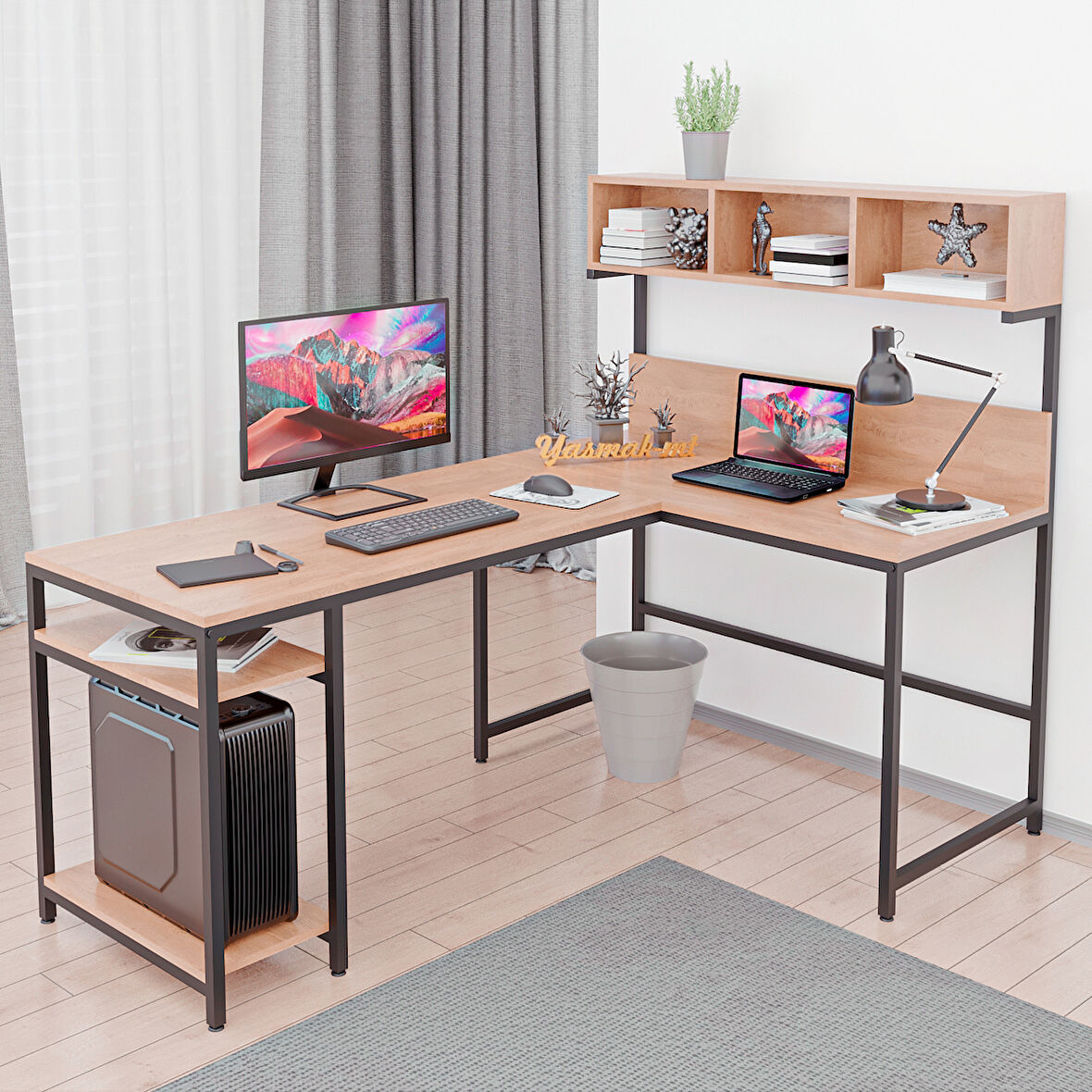 600-E Açık Ceviz Yüksek Raflı L Ofis ve Çalışma masası 