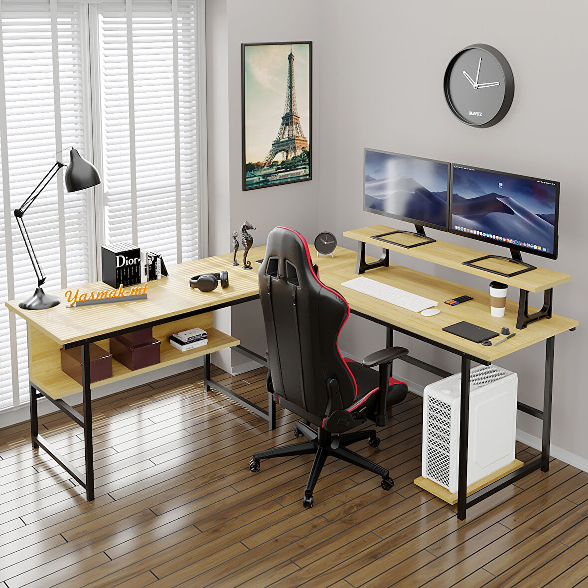 200-E Açık Ceviz (ebru) L masa, Oyun masası, L-Tipi Bilgisayar Masası 