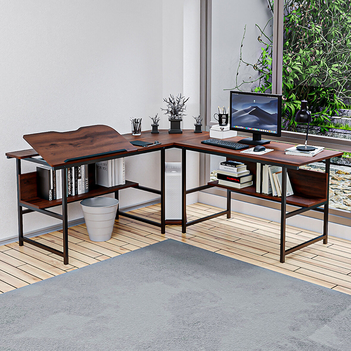  300-C Ceviz L Bilgisayar ve Çizim Masası