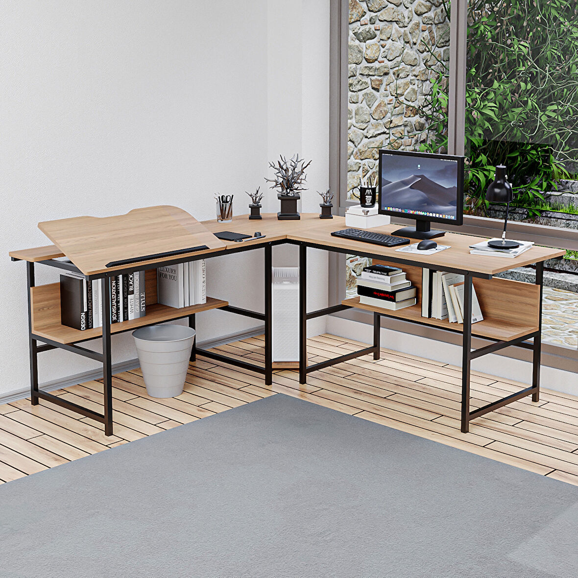 300-E Açık Ceviz (Ebru) L Bilgisayar ve Çizim Masası 