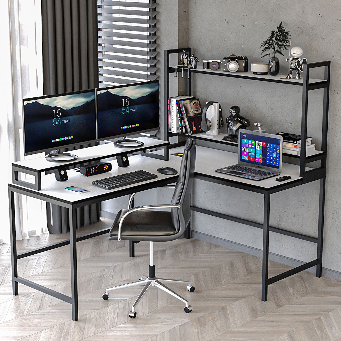 610-B L masa ,Raflı L Şekilli Ofis Masası 