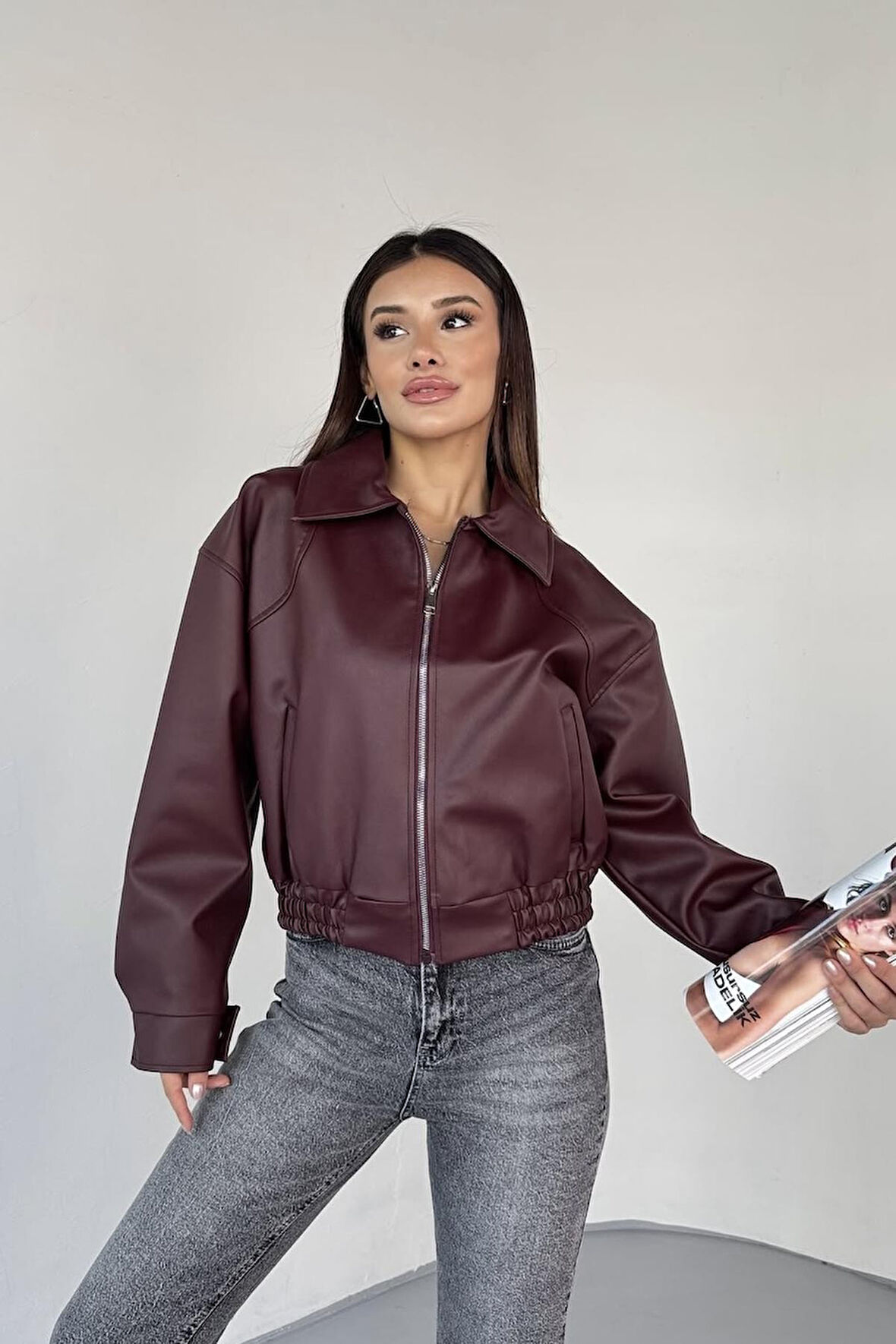 Prifaldi Premium ZR Oversiz Bomber Belden Lastikli Deri Ceket Bordo 