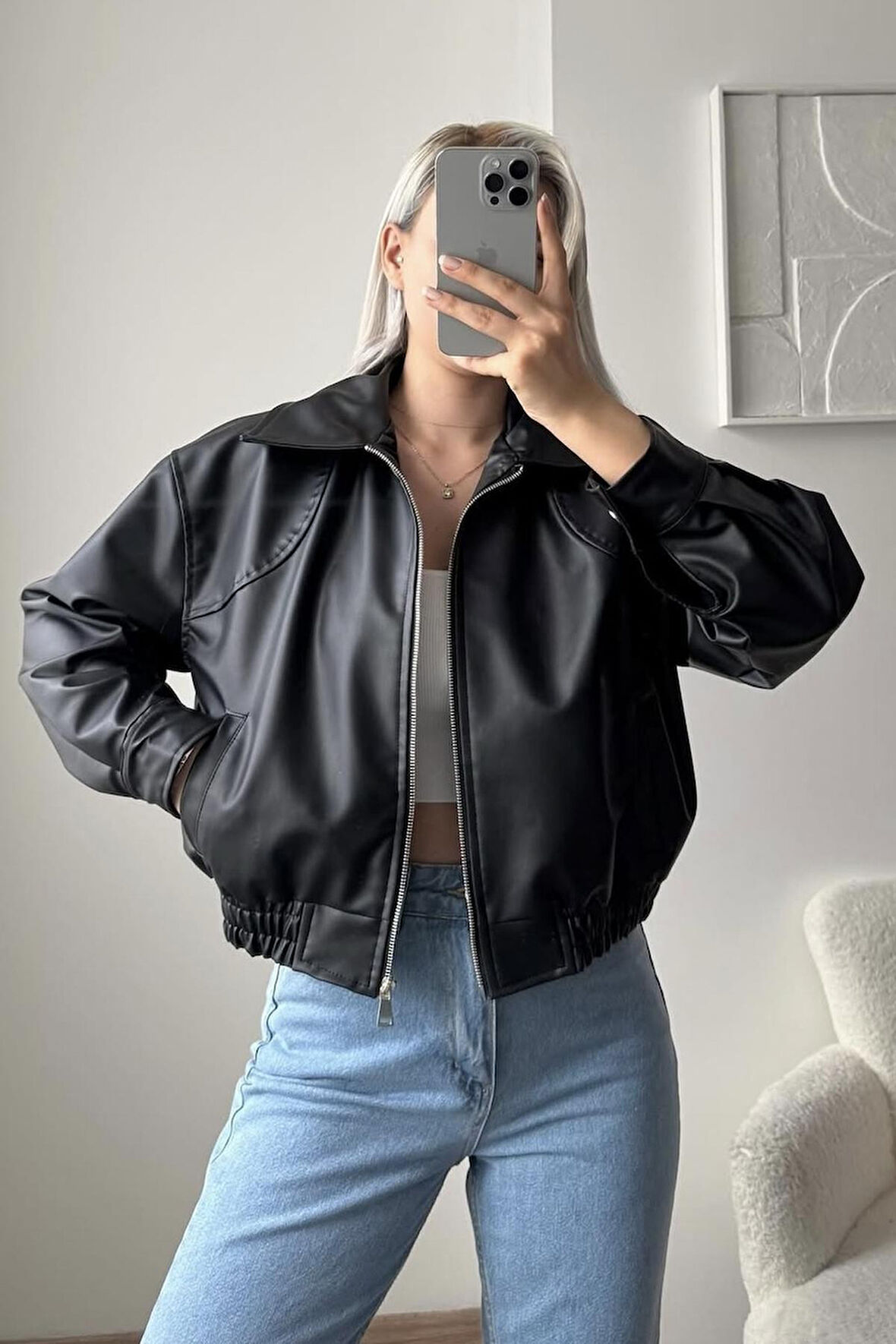 Prifaldi Premium ZR Oversiz Bomber Belden Lastikli Deri Ceket Siyah