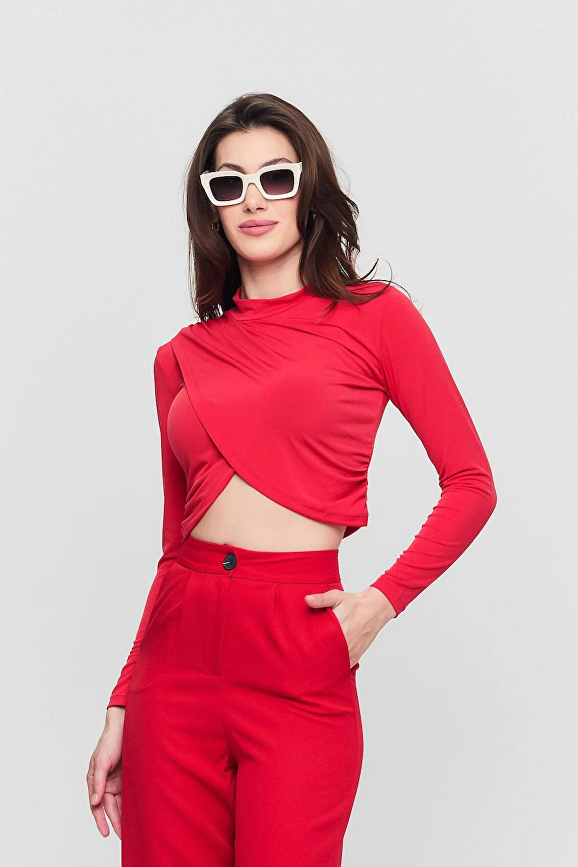 Kadın Kırmızı Verev Crop Bluz