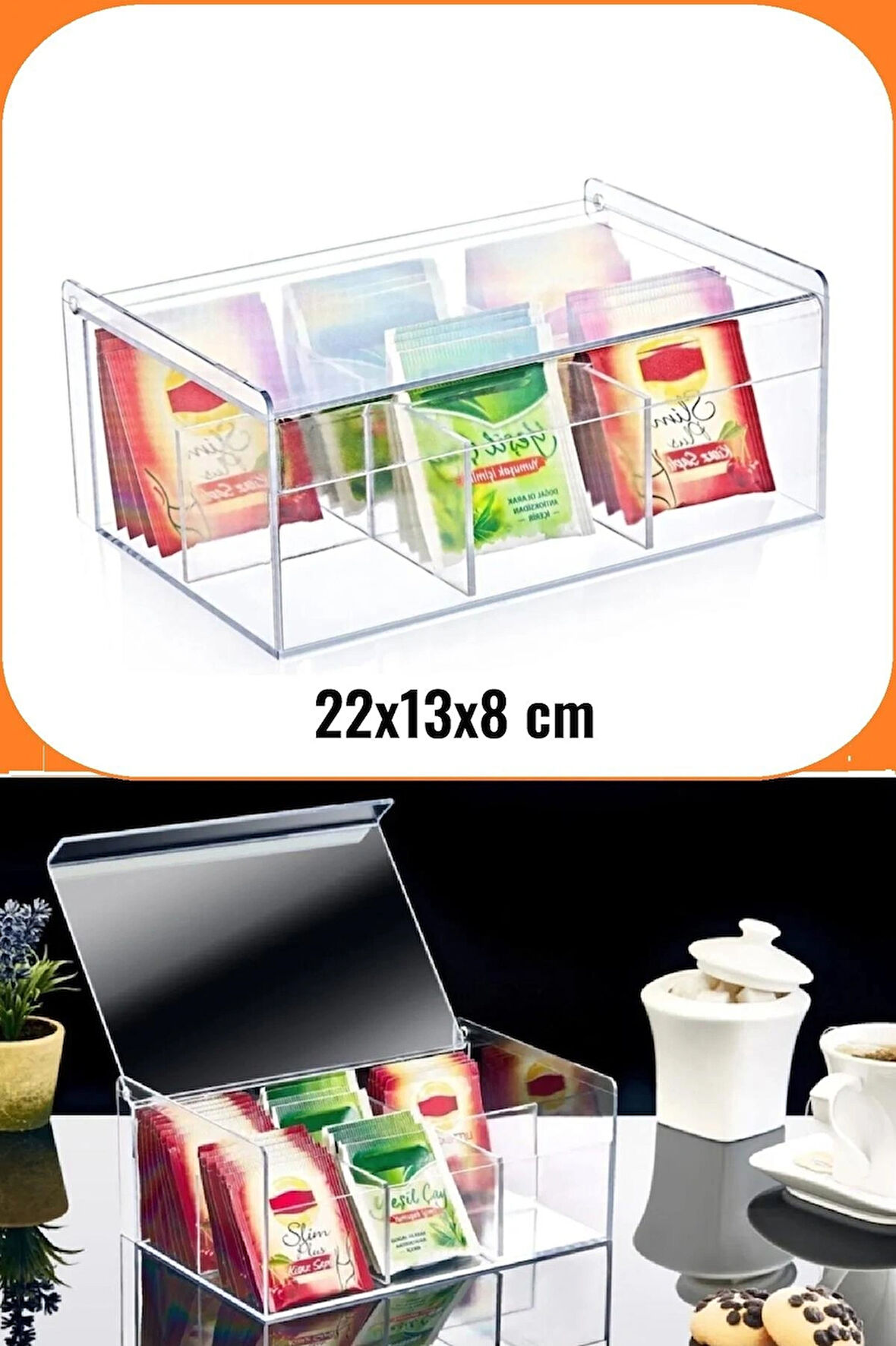 Box Up Plastik 6 Bölmeli Poşet Çay Saklama Kutusu - Poşet Çay Kutusu, Bitki Çay Kutusu, Şeffaf Renk, 22x15x9