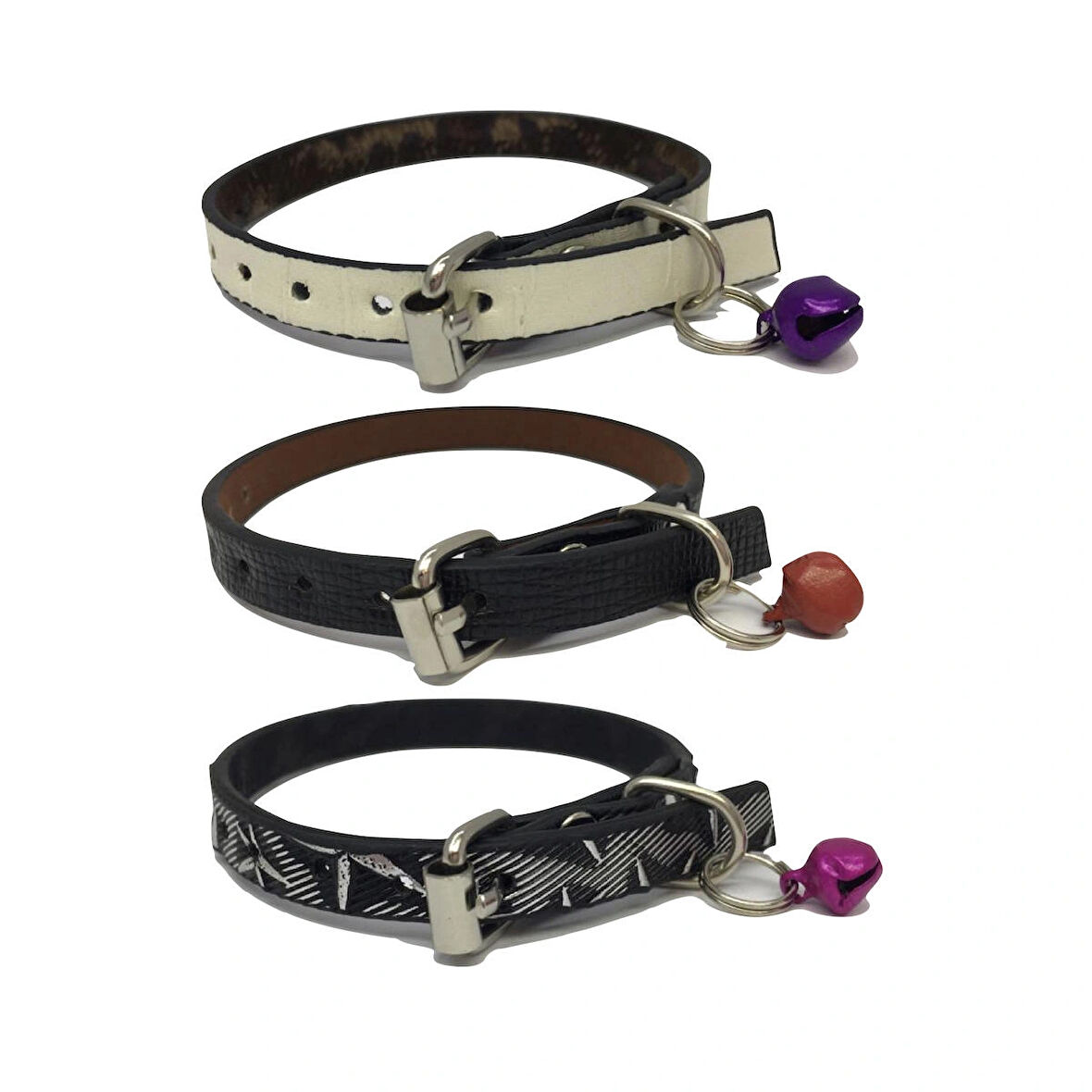  3'lü Zilli Deri Kedi Tasması 30 cm