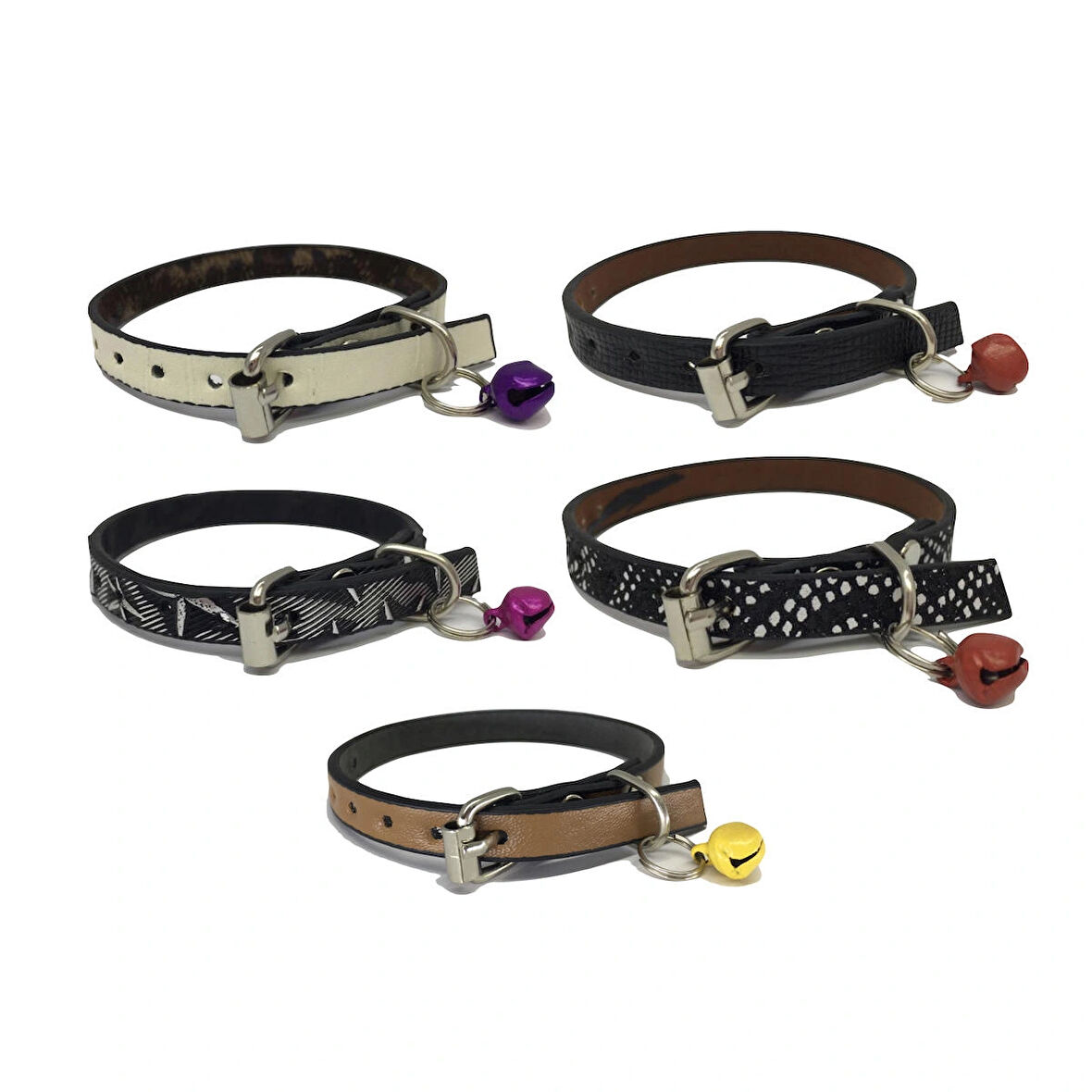 Zilli Deri Kedi Tasması 5'li Set 30 cm