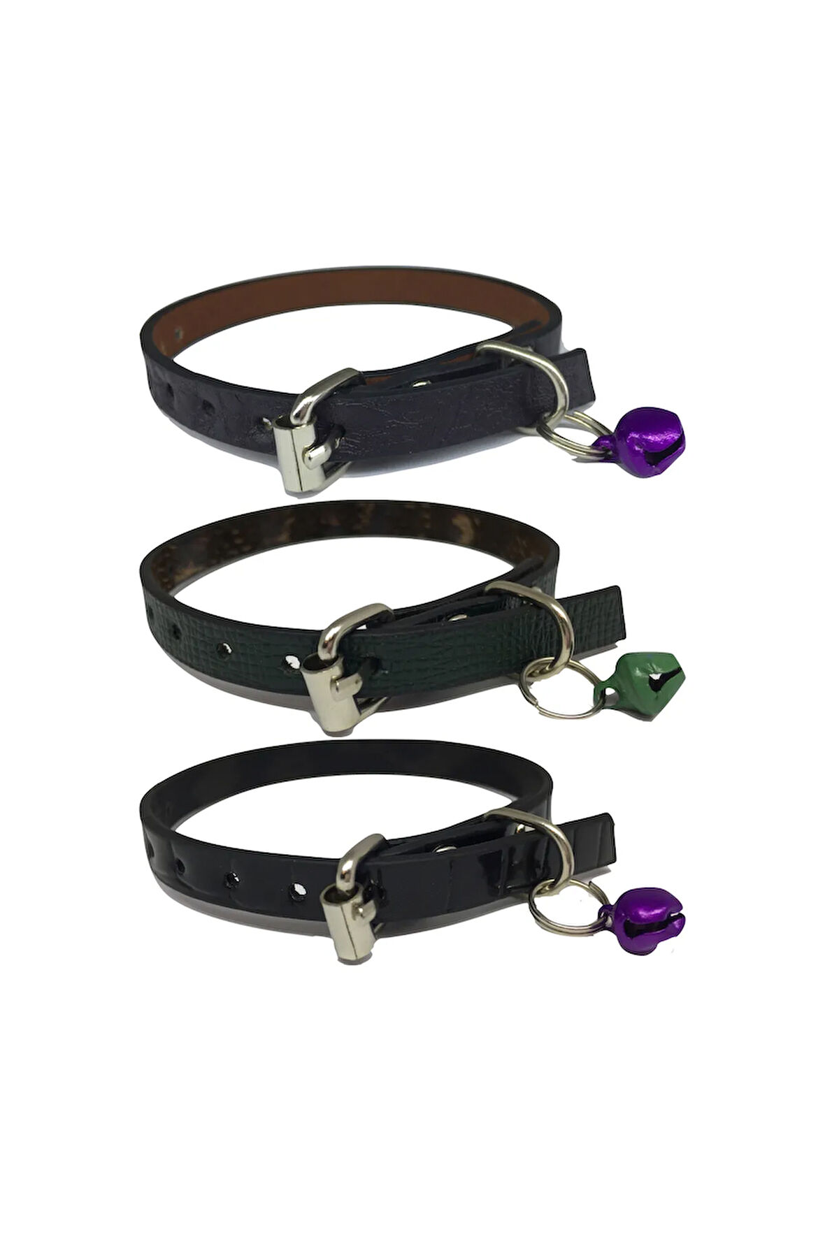 3'lü Zilli Deri Kedi Tasması 30 cm