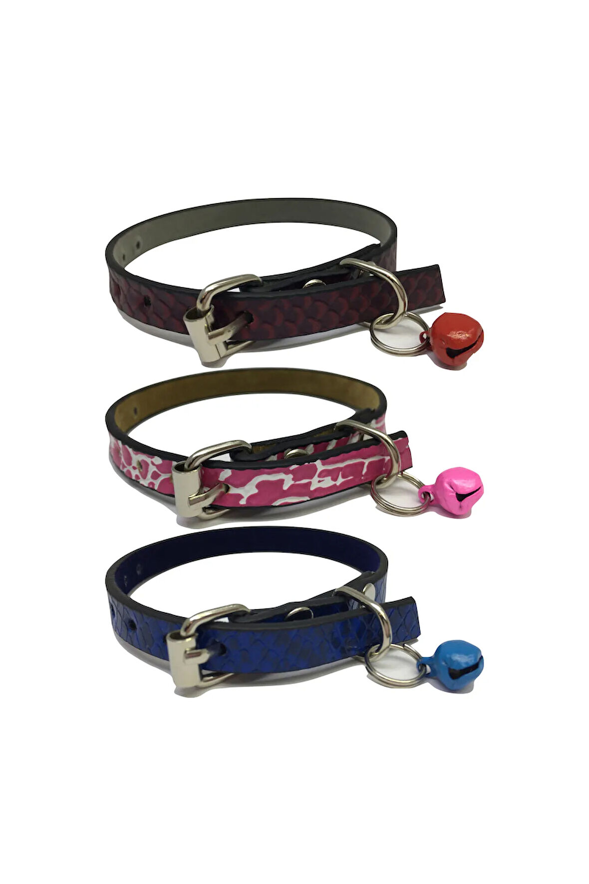 3'lü Set Zilli Deri Kedi Tasması 30 cm