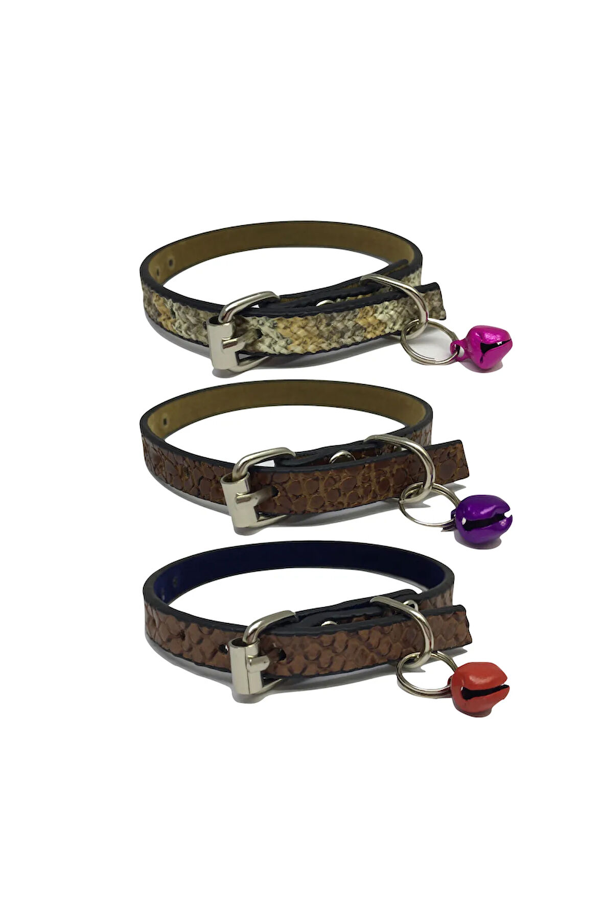 3'lü Set Zilli Deri Kedi Tasması 30 cm