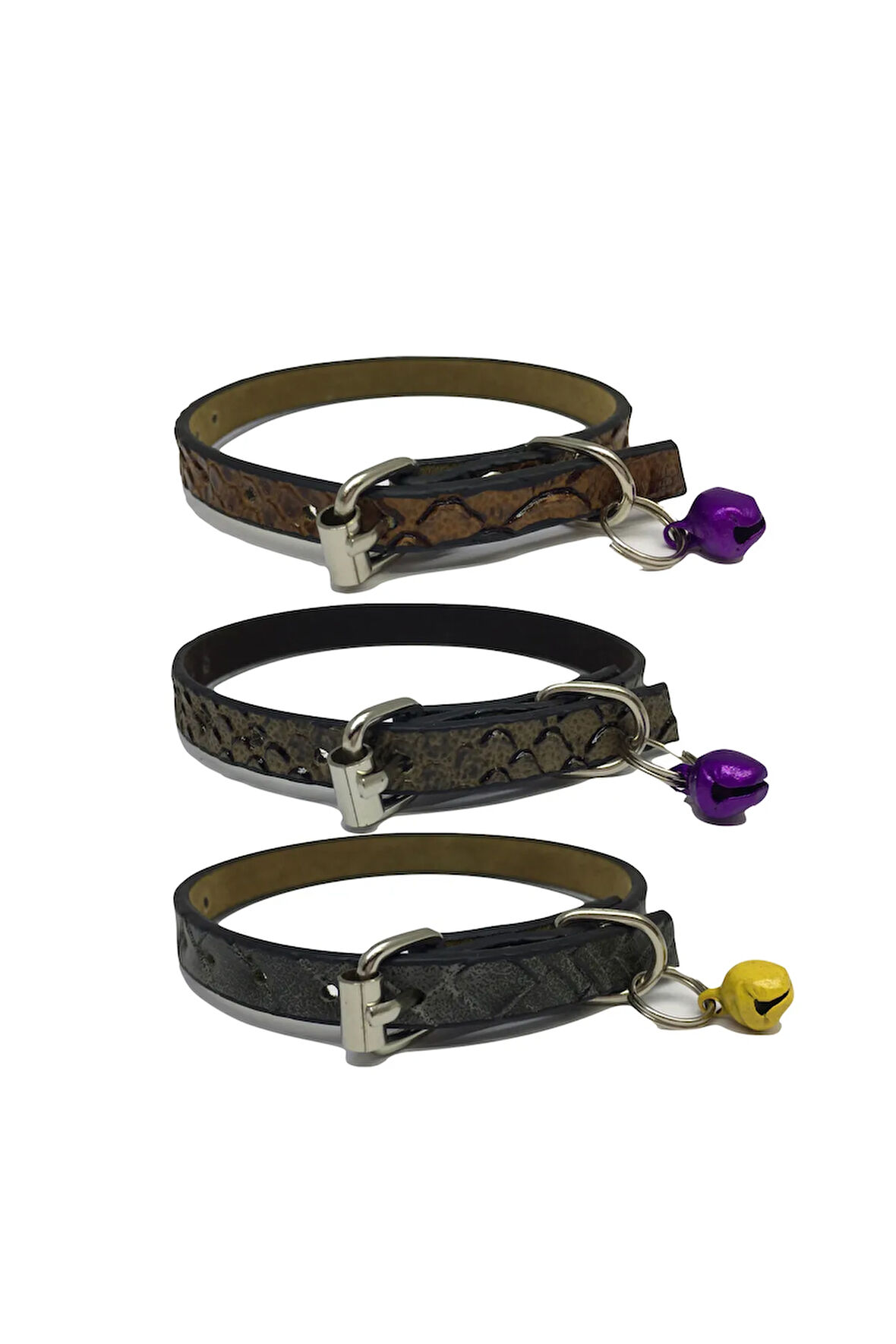 3'lü Set Zilli Deri Kedi Tasması 30 cm