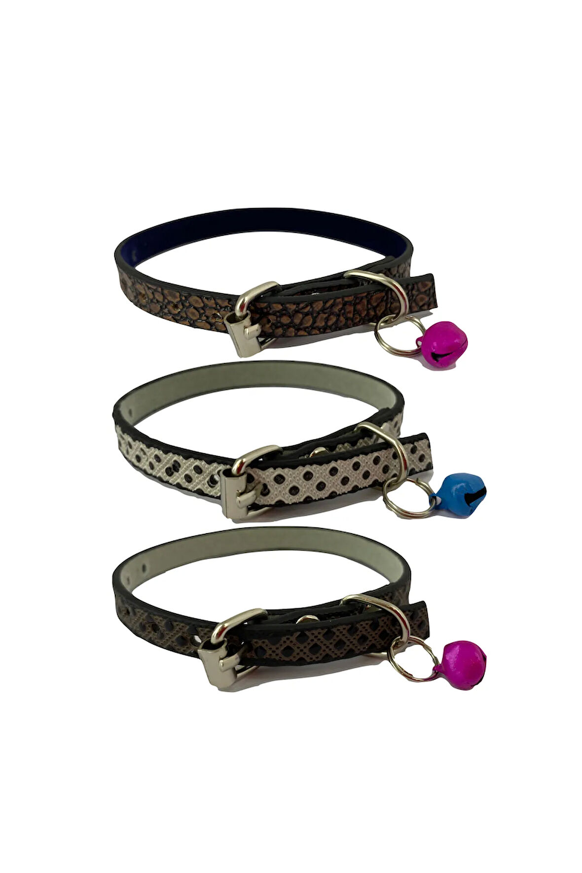 3'lü Zilli Deri Kedi Tasması 30 cm