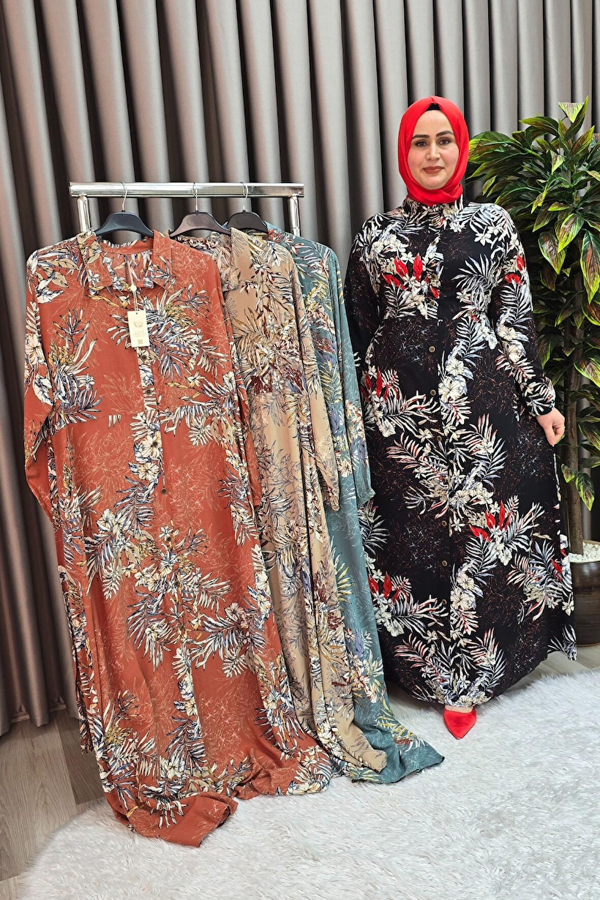 Kadın Tesettür Büyük Beden Giyim Palmiye Gömlek Elbise 