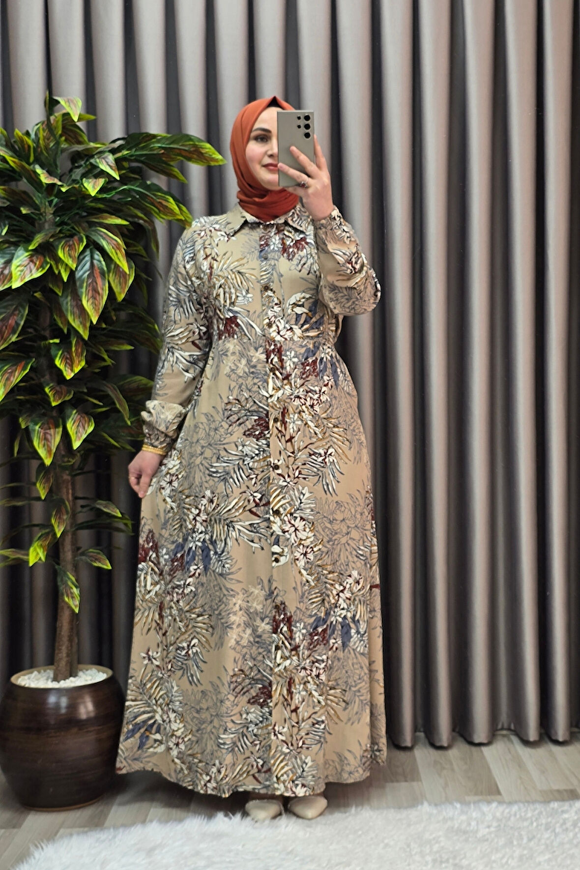 Kadın Tesettür Büyük Beden Giyim Palmiye Gömlek Elbise 