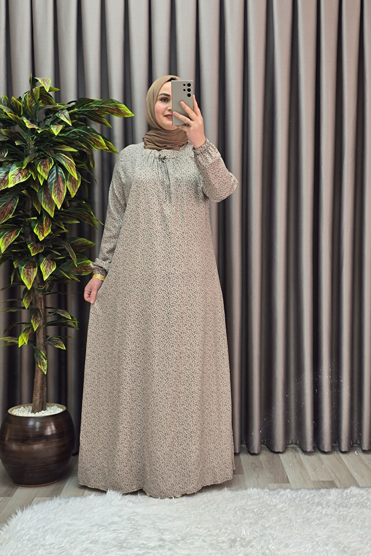 Kadın Tesettür Giyim Büyük Beden Yarım Robalı Çıtır Desen Elbise 