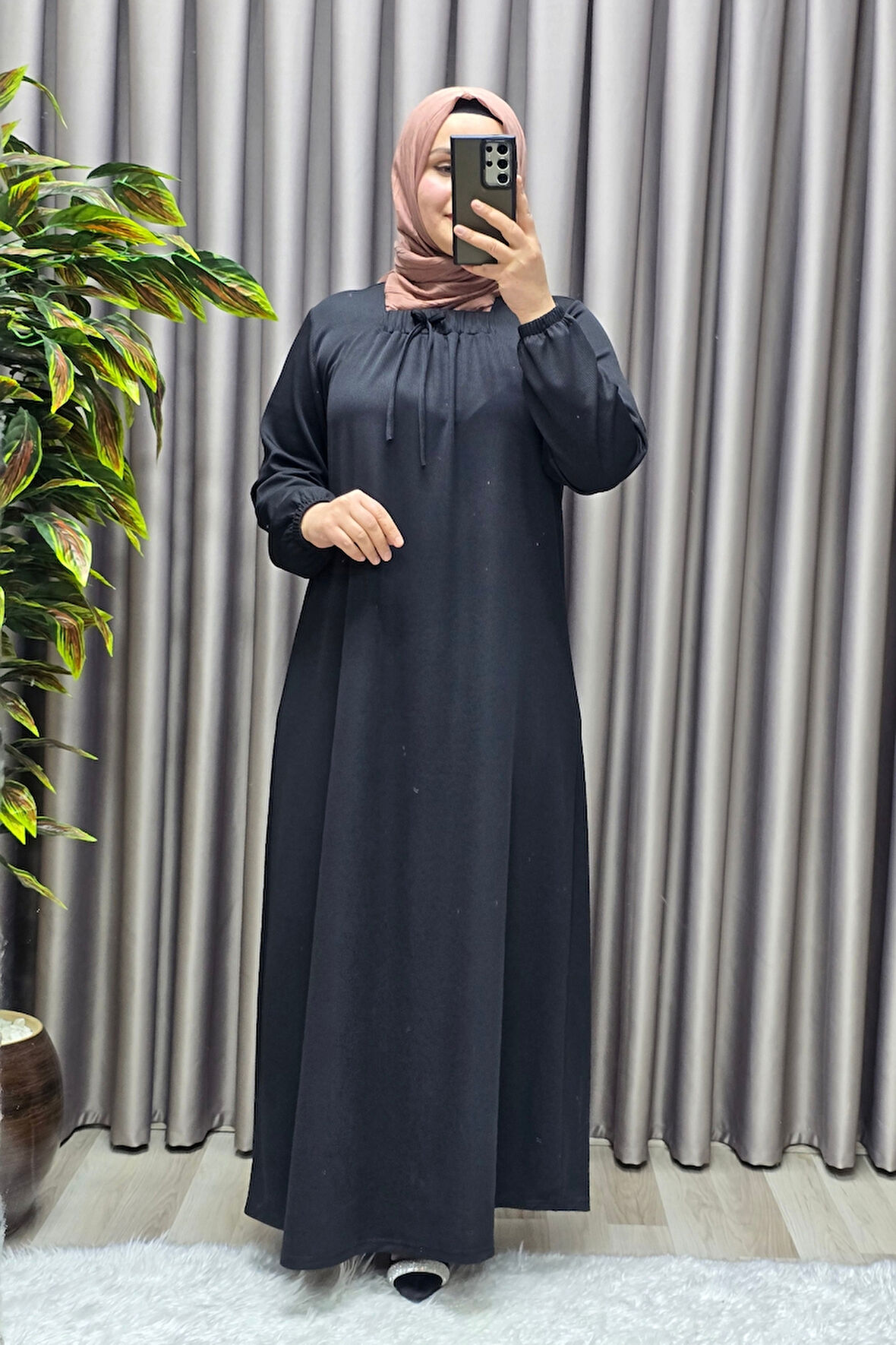 Kadın Tesettür Giyim Büyük Beden Kare Yaka Robalı Lina Elbise 