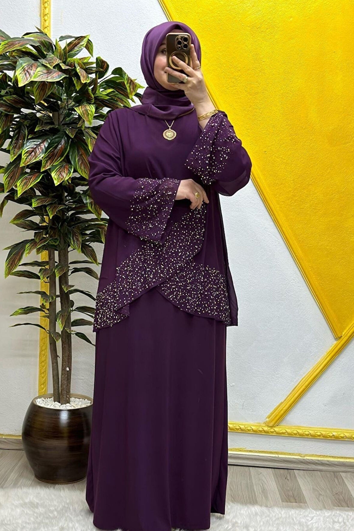 Kadın Tesettür Giyim Büyük Beden Çarpraz Taşlı Abiye 