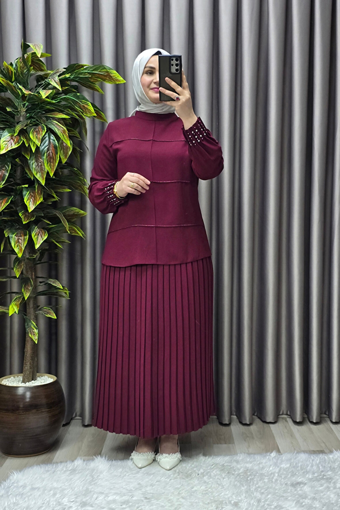 Kadın Tesettür Giyim Büyük Beden Krep Etekli Takım 