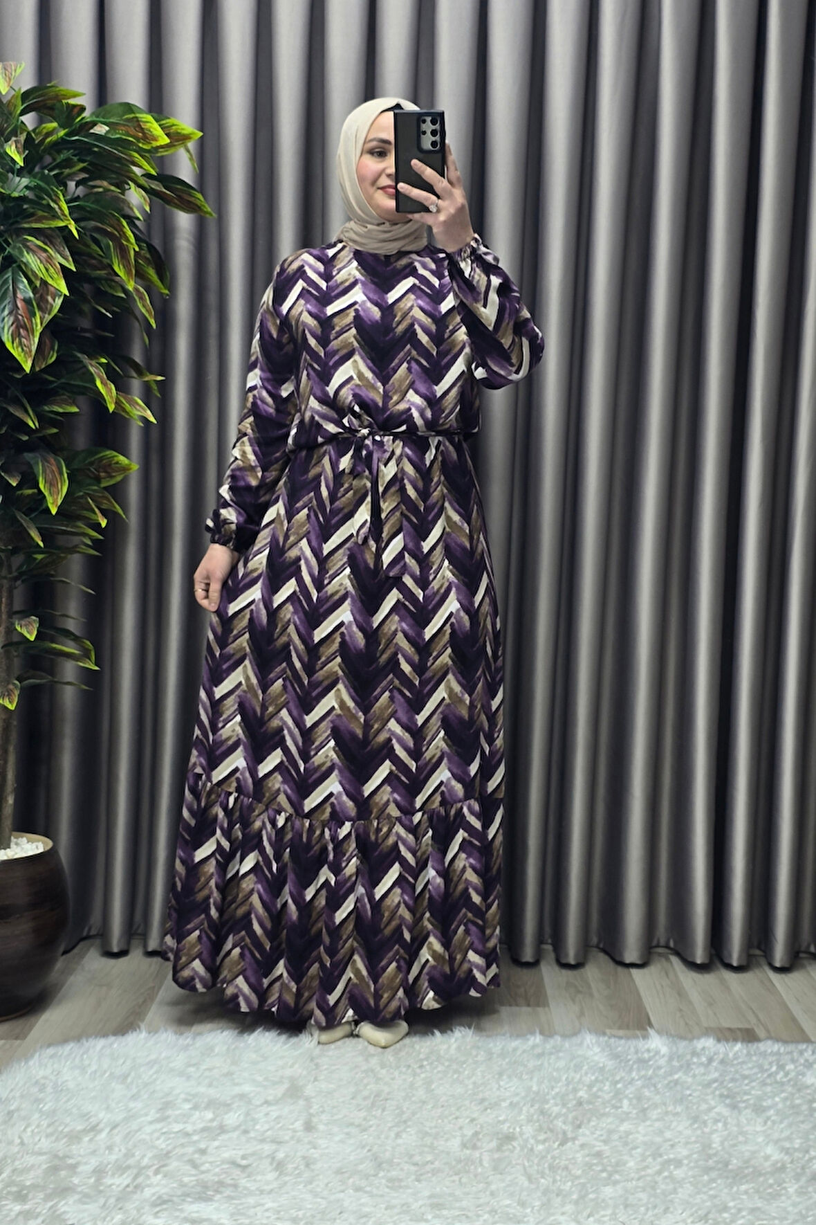 Kadın Tesettür Giyim Büyük Beden Viscon Desenli Elbise 